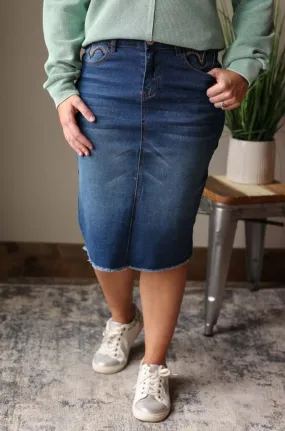 Brown Fray Stitching Pencil Denim Skirt