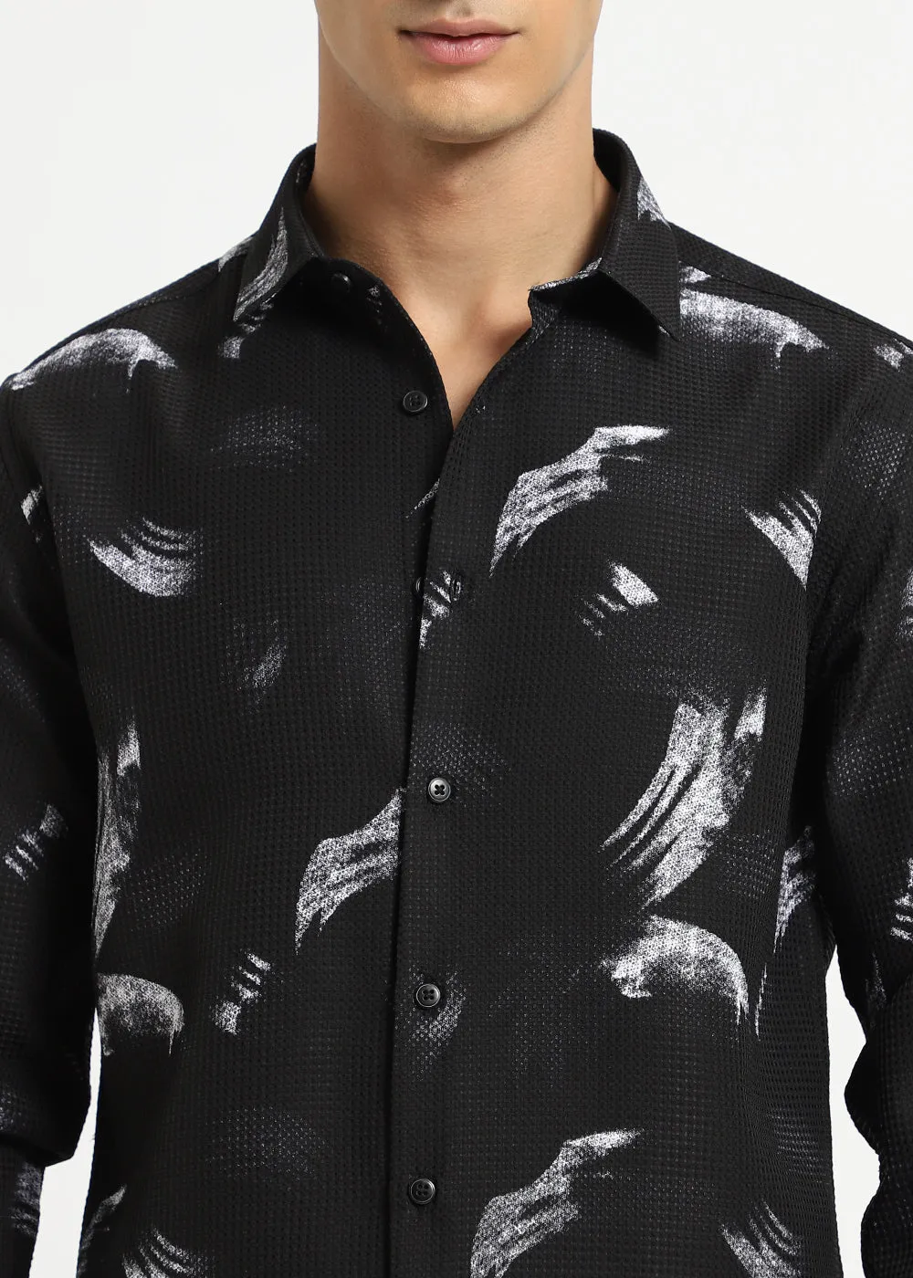 Brush Stroke Waffle Dobby Black Shirt