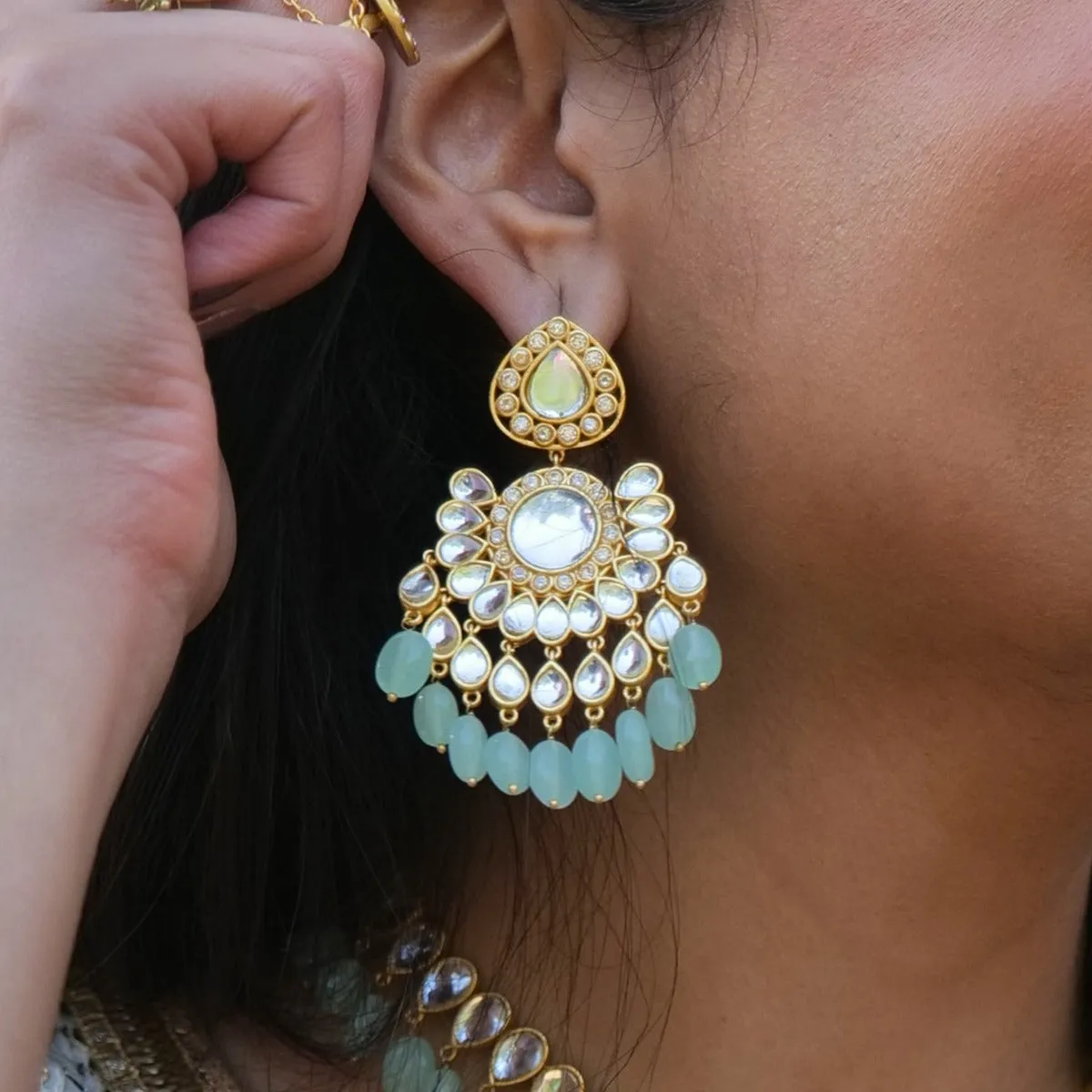 Chandni Statement Earrings - Aqua Green Hydro Quartz