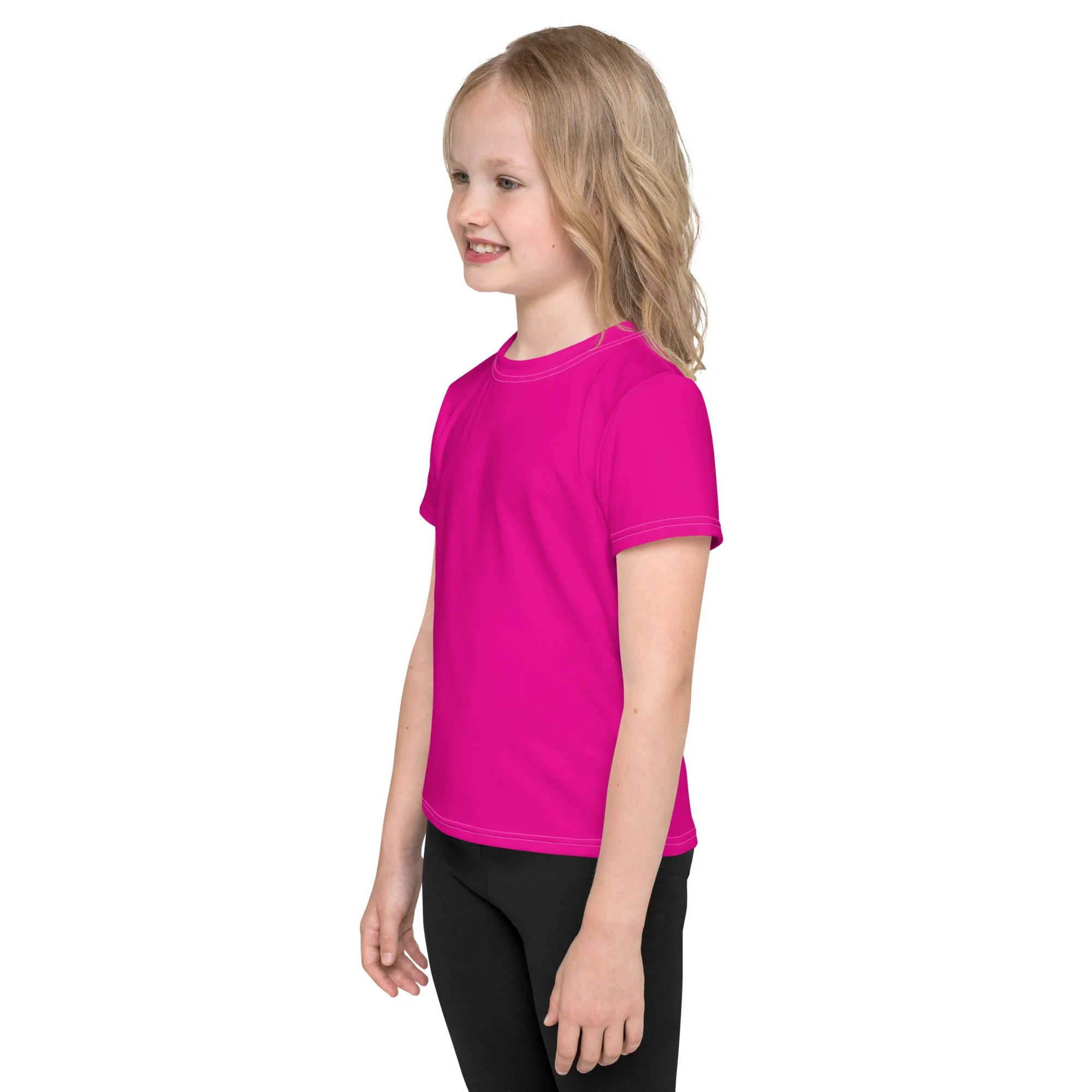 Colorful Sun Defense: Girls Short Sleeve Solid Color Rash Guard - Hollywood Cerise