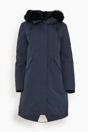 Cotton Parka Coat with Rabbit/Fox Trim in Ink