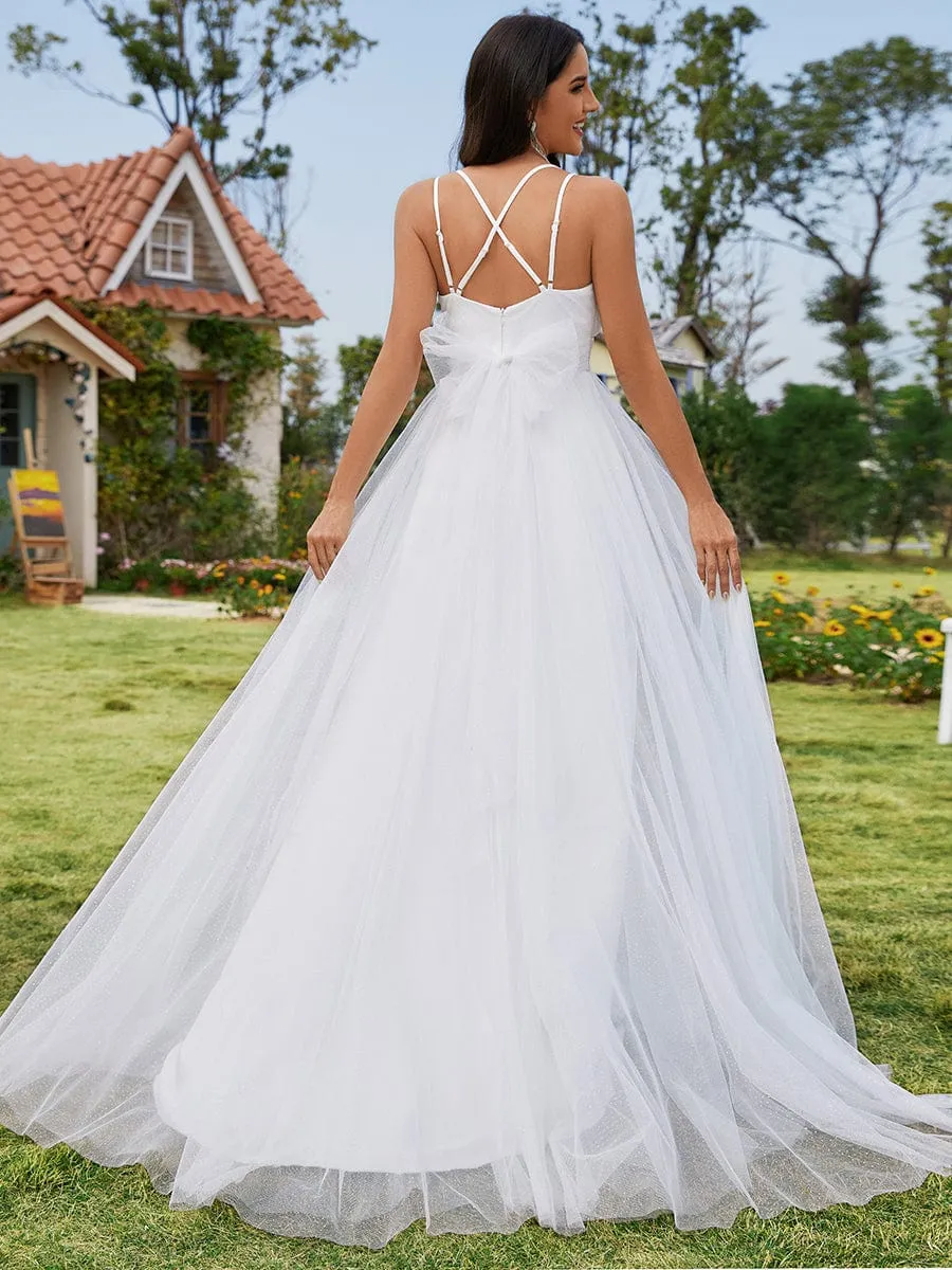 Delicate Bow Back Spaghetti Strap A-Line Wedding Dress with V-Neck