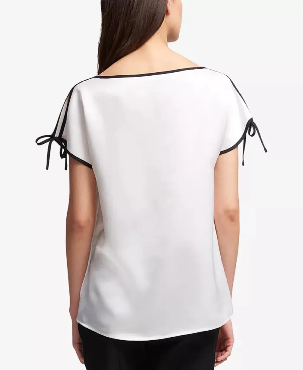 DKNY Women's Contrast-Trim Top, Ivory, XS