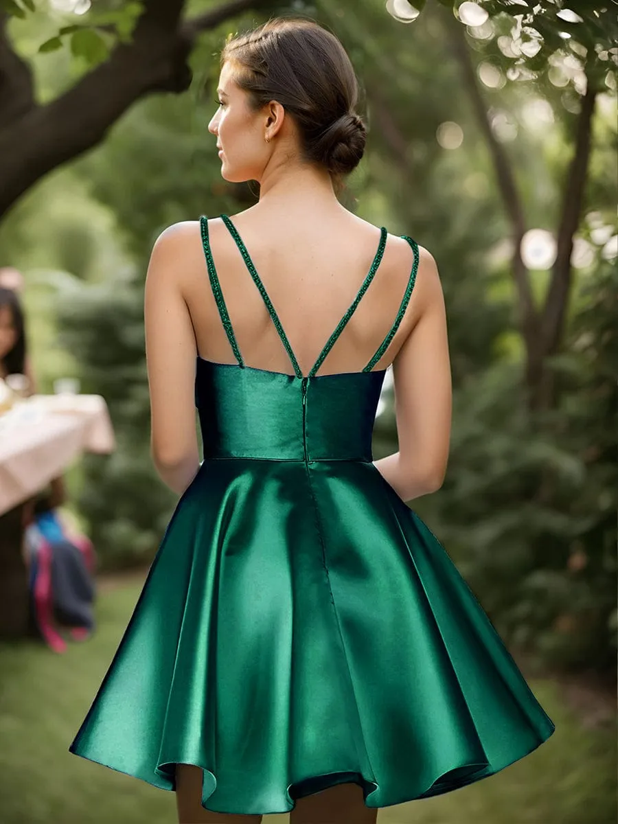 Double Spaghetti Strap with Rhinestone Satin A-Line Homecoming Dress