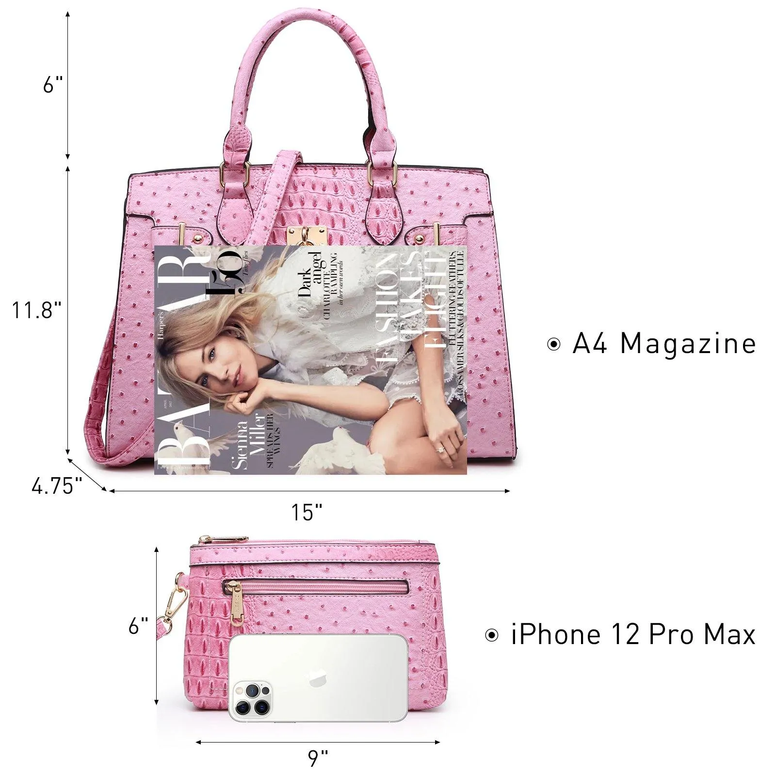 Fashion Emblem Women Handbag and Purses Top Handle Tote Work Bag with Matching Clutch