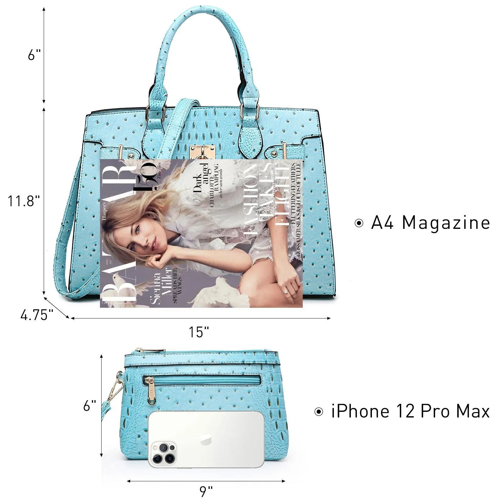 Fashion Emblem Women Handbag and Purses Top Handle Tote Work Bag with Matching Clutch