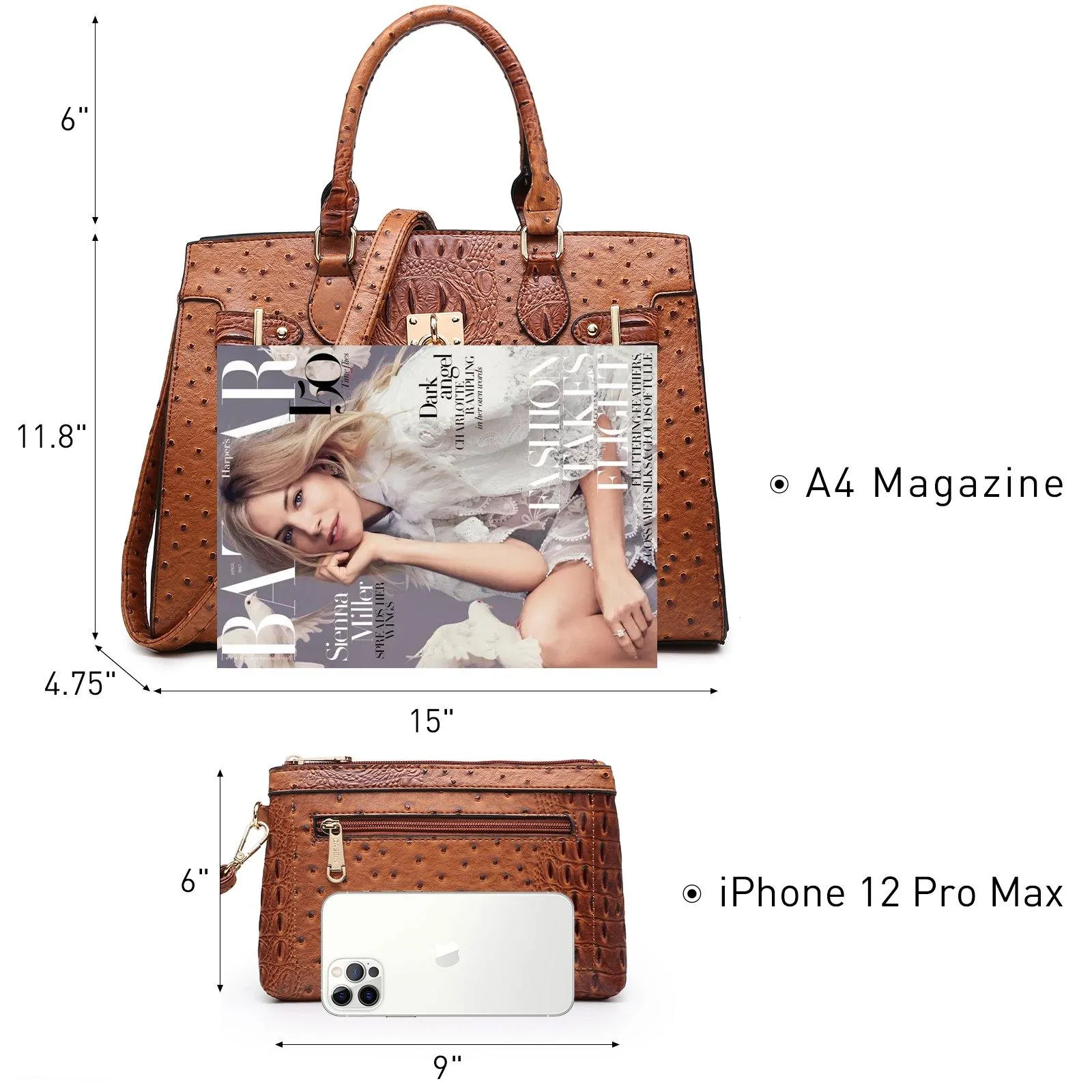 Fashion Emblem Women Handbag and Purses Top Handle Tote Work Bag with Matching Clutch