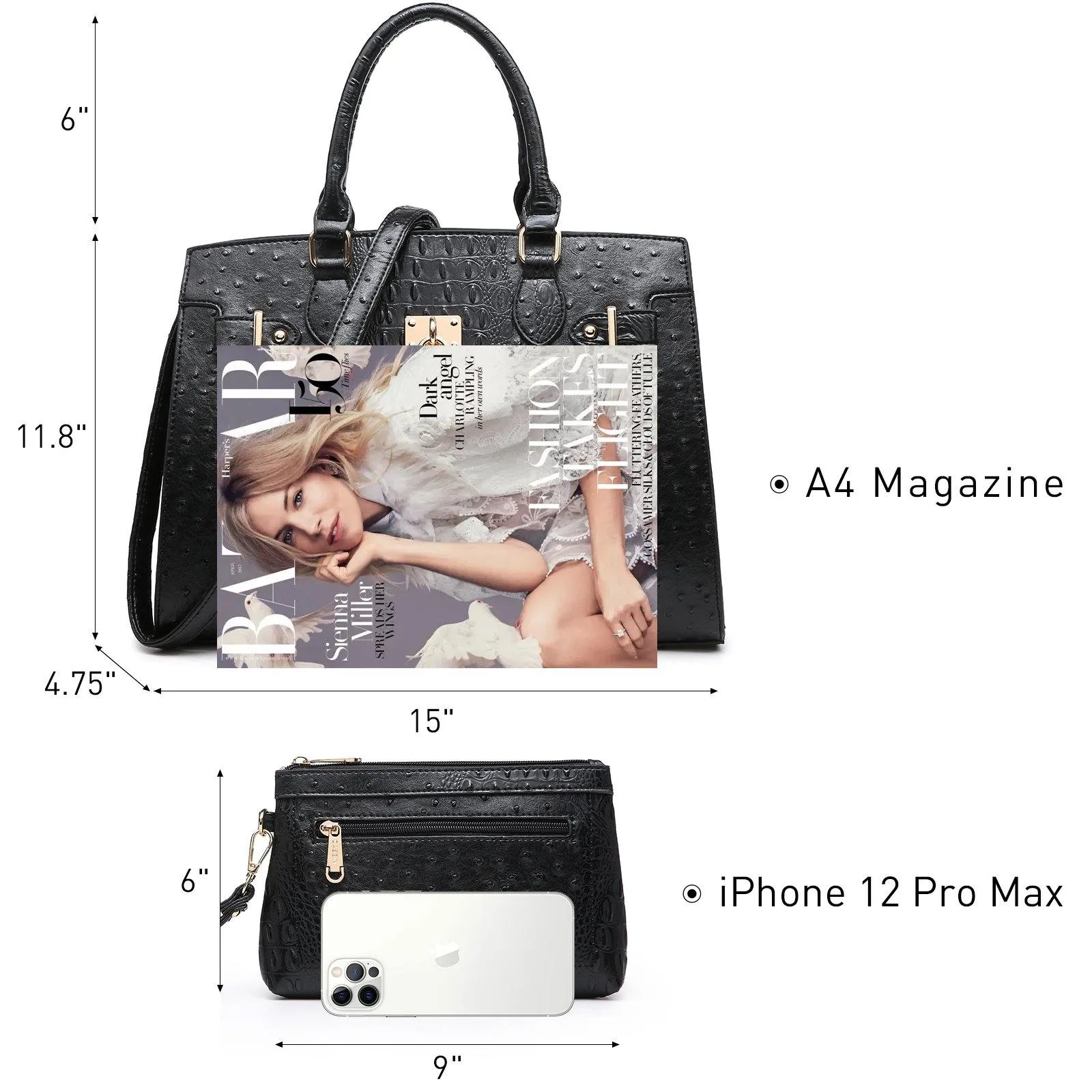 Fashion Emblem Women Handbag and Purses Top Handle Tote Work Bag with Matching Clutch