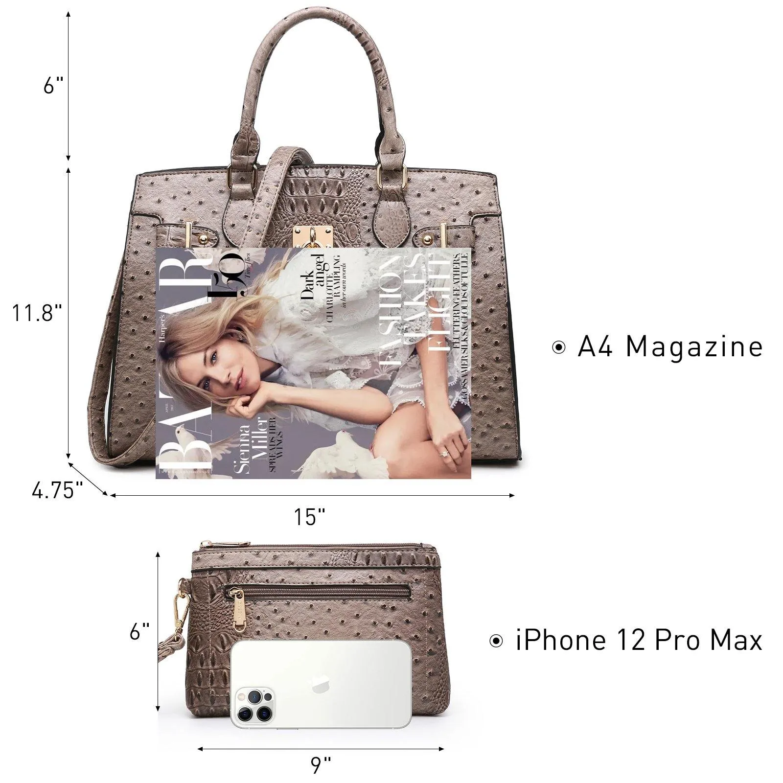 Fashion Emblem Women Handbag and Purses Top Handle Tote Work Bag with Matching Clutch