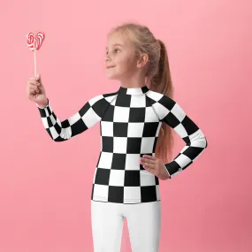 Fashionable Protection: Girls' Checkered Long Sleeve Rash Guard