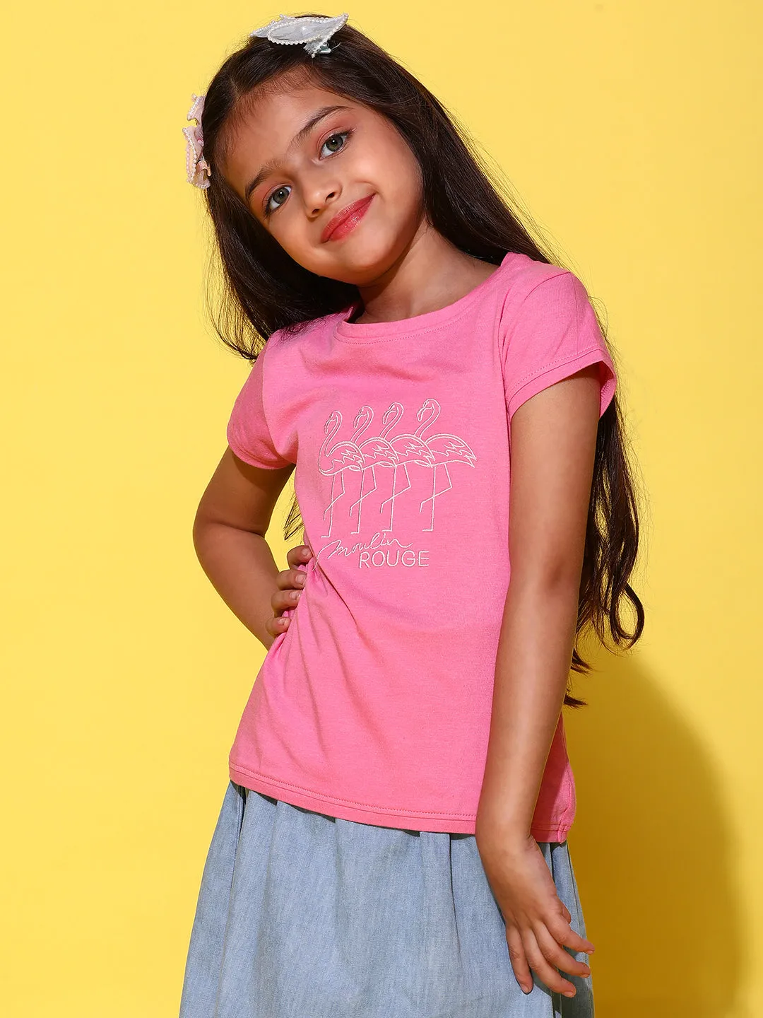 Girls Printed Hot Pink Cotton Regular Fit T-Shirts