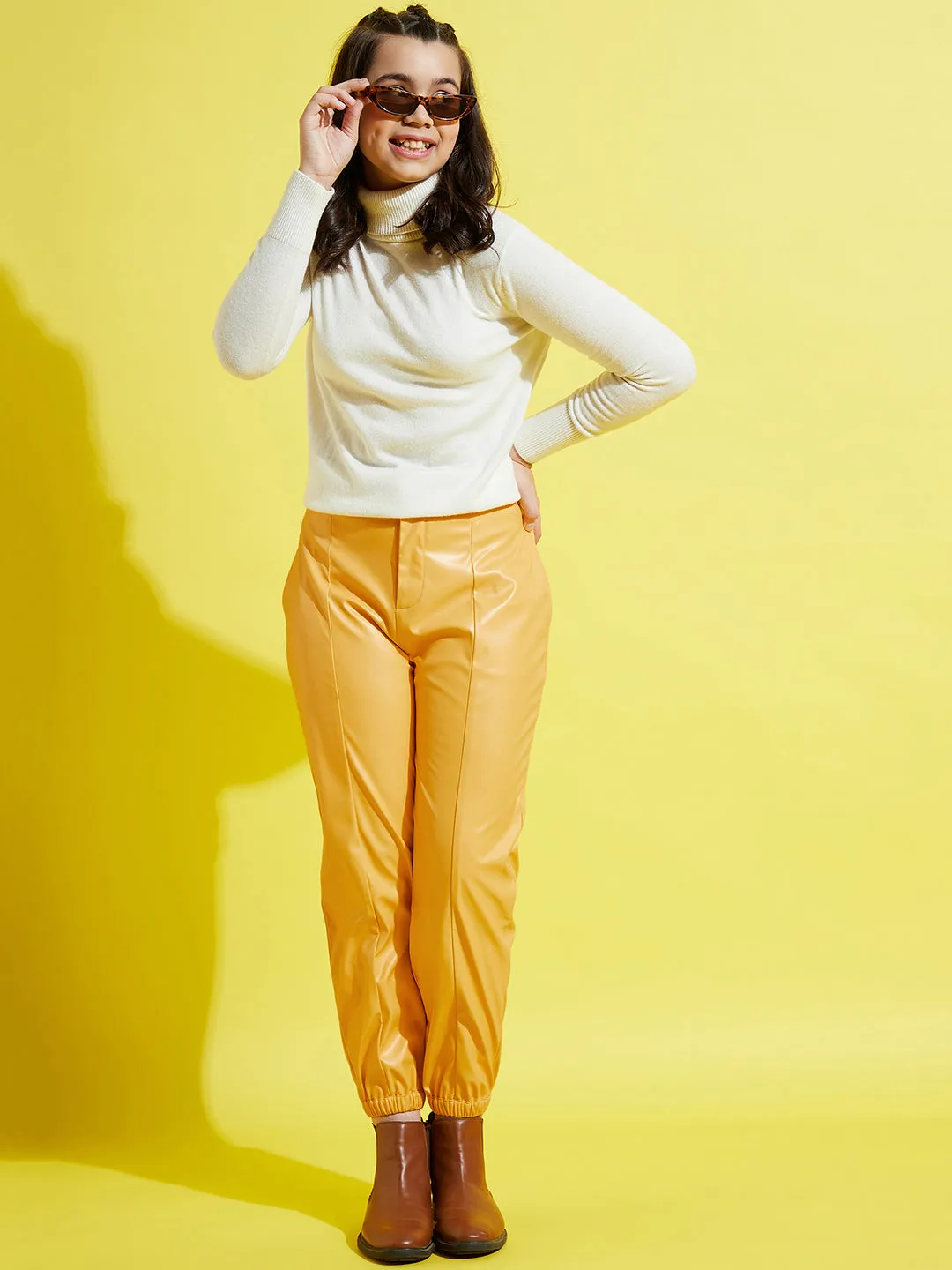 Girls Yellow PU Joggers