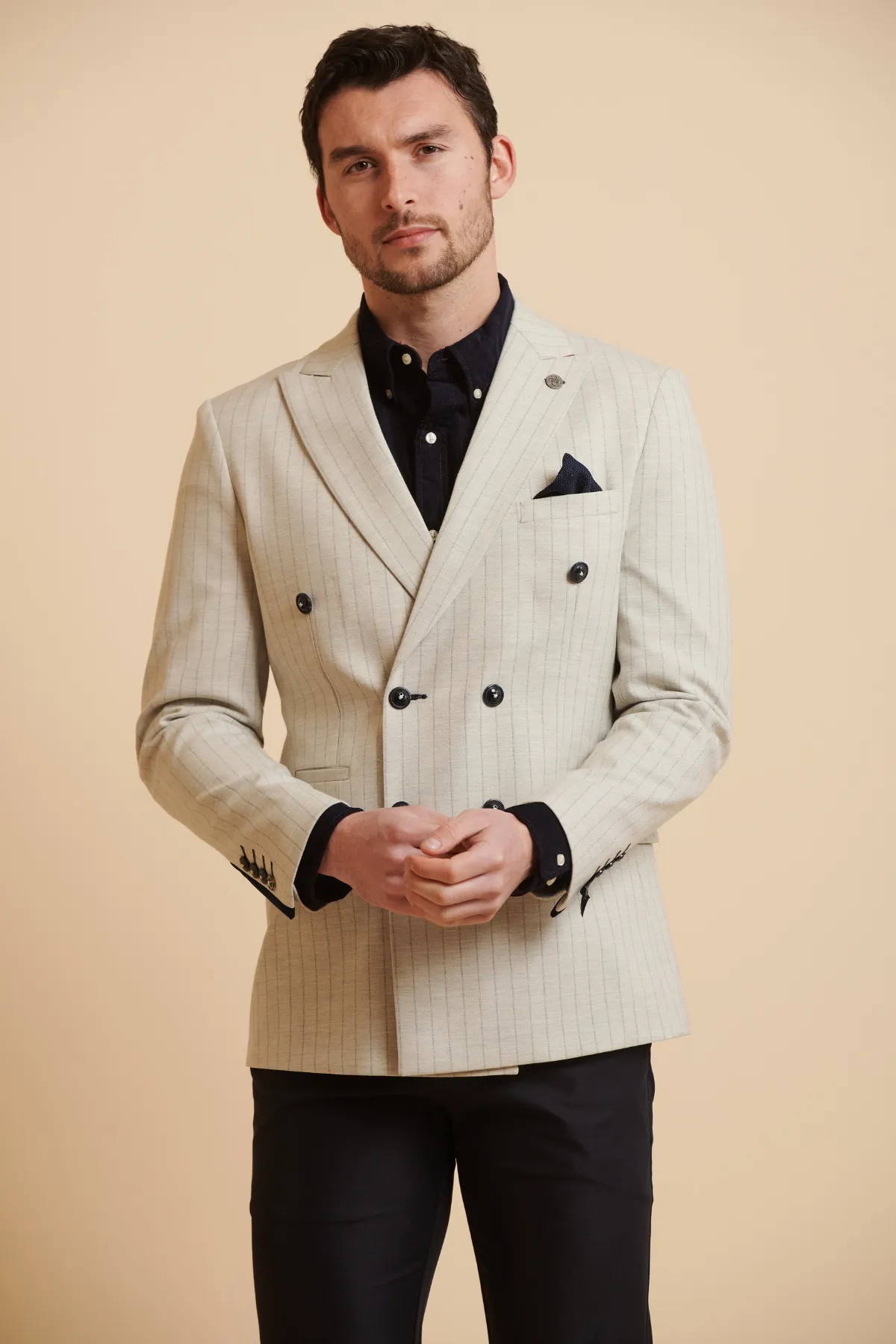 GRANT - Stone Double Breasted Pinstripe Blazer