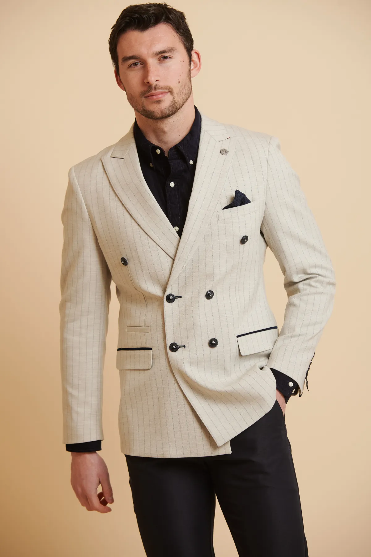 GRANT - Stone Double Breasted Pinstripe Blazer