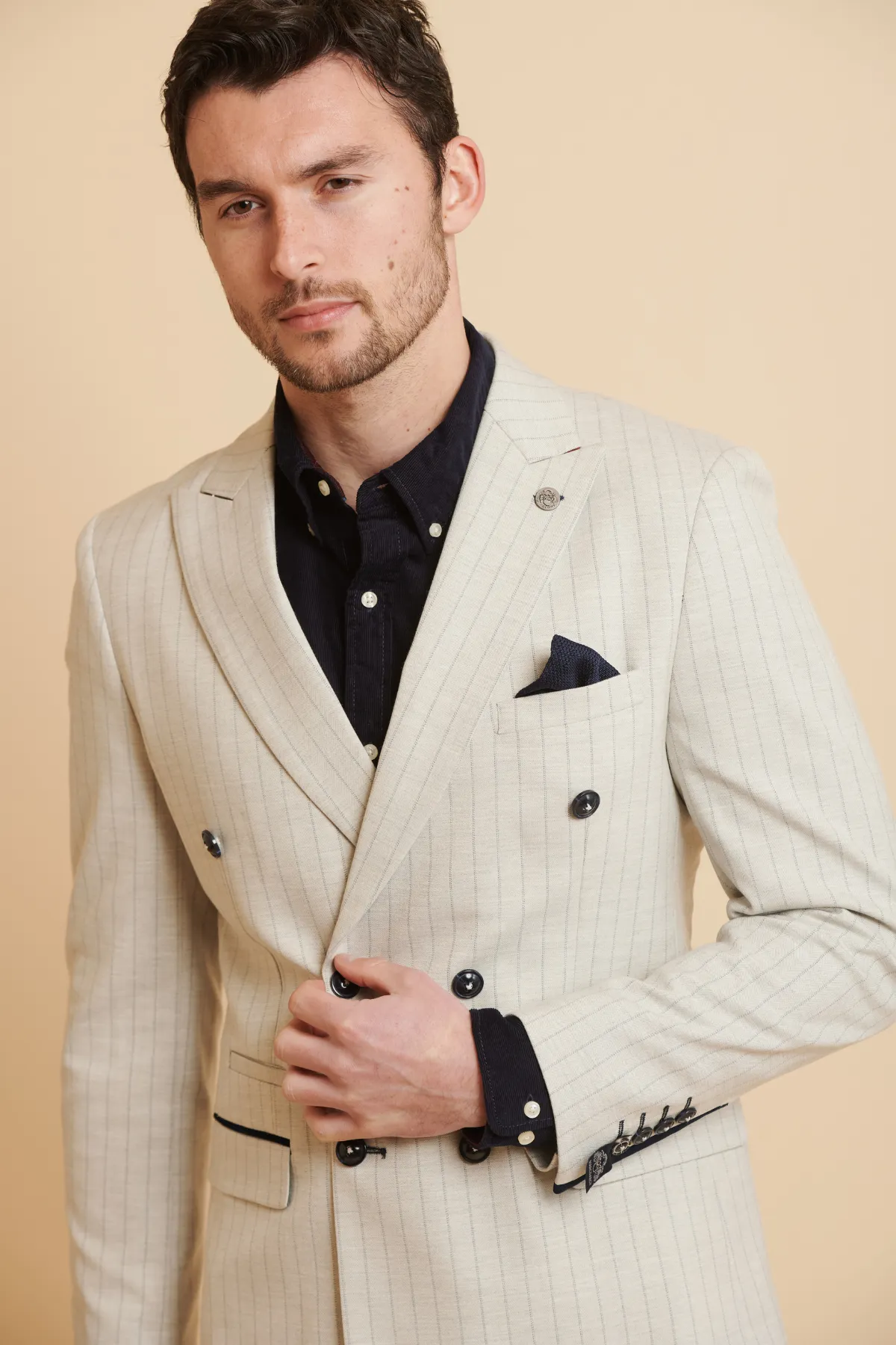 GRANT - Stone Double Breasted Pinstripe Blazer