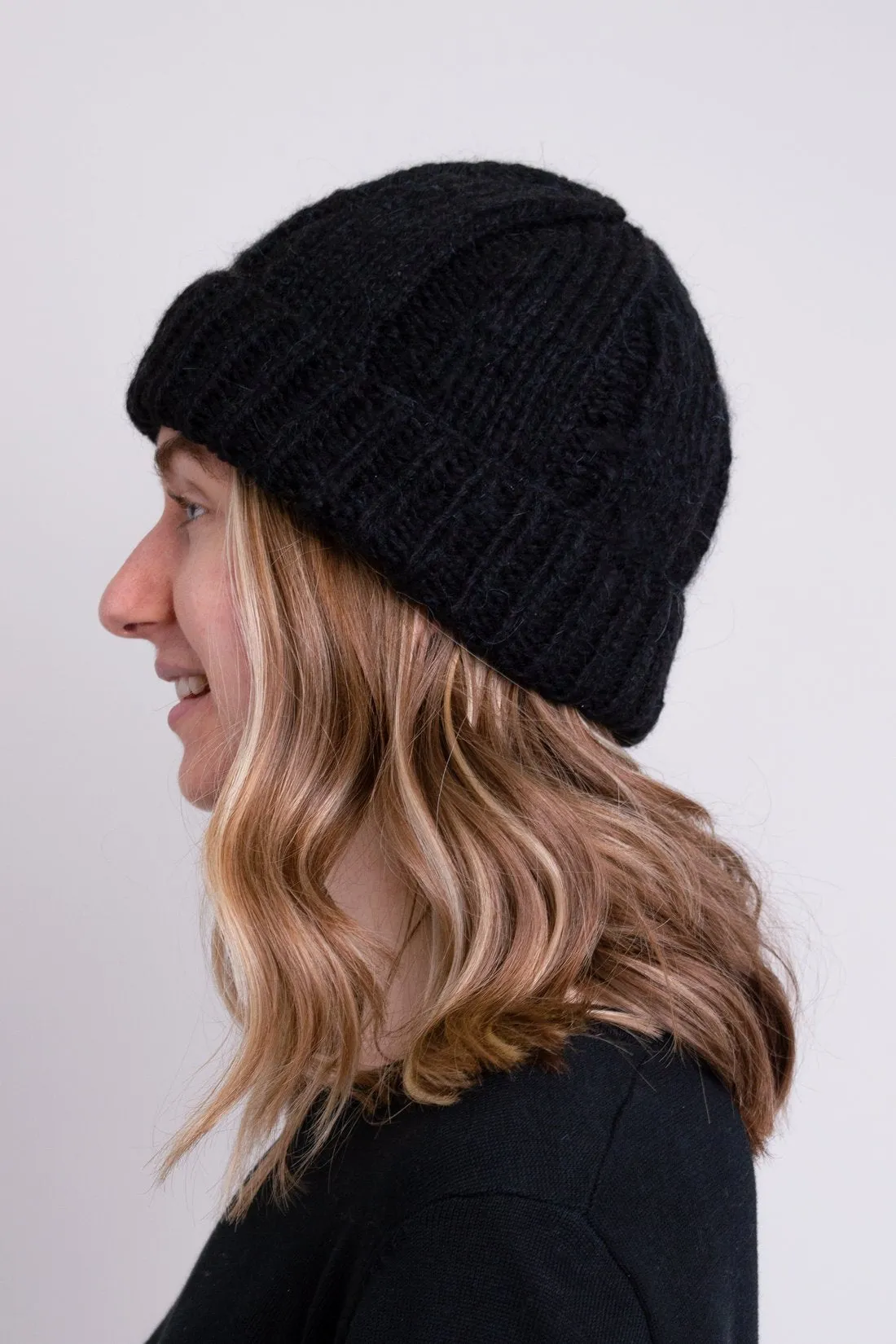 Hand Knit Beanie, Black, Wool