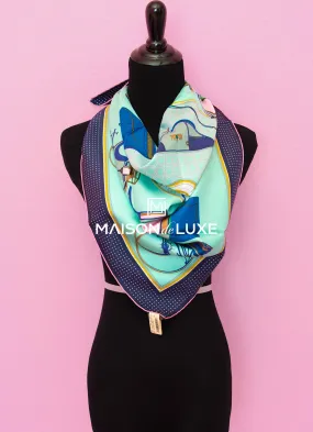 Hermes "Les Voitures a Transformation" Green Twill Silk 90 cm Scarf