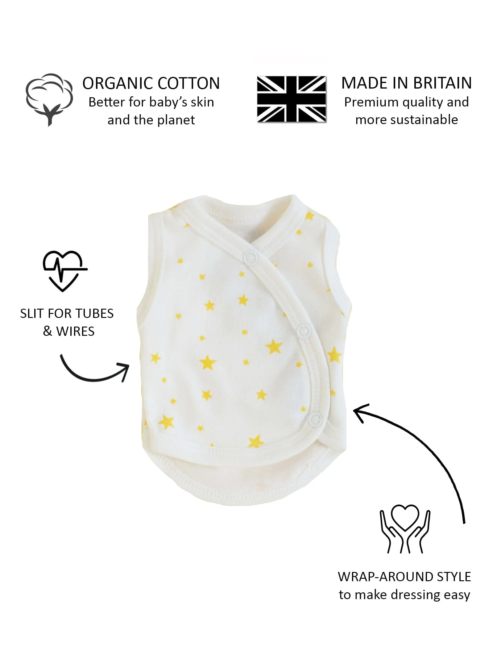 Incubator Vest, Yellow Stars, Premium 100% Organic Cotton