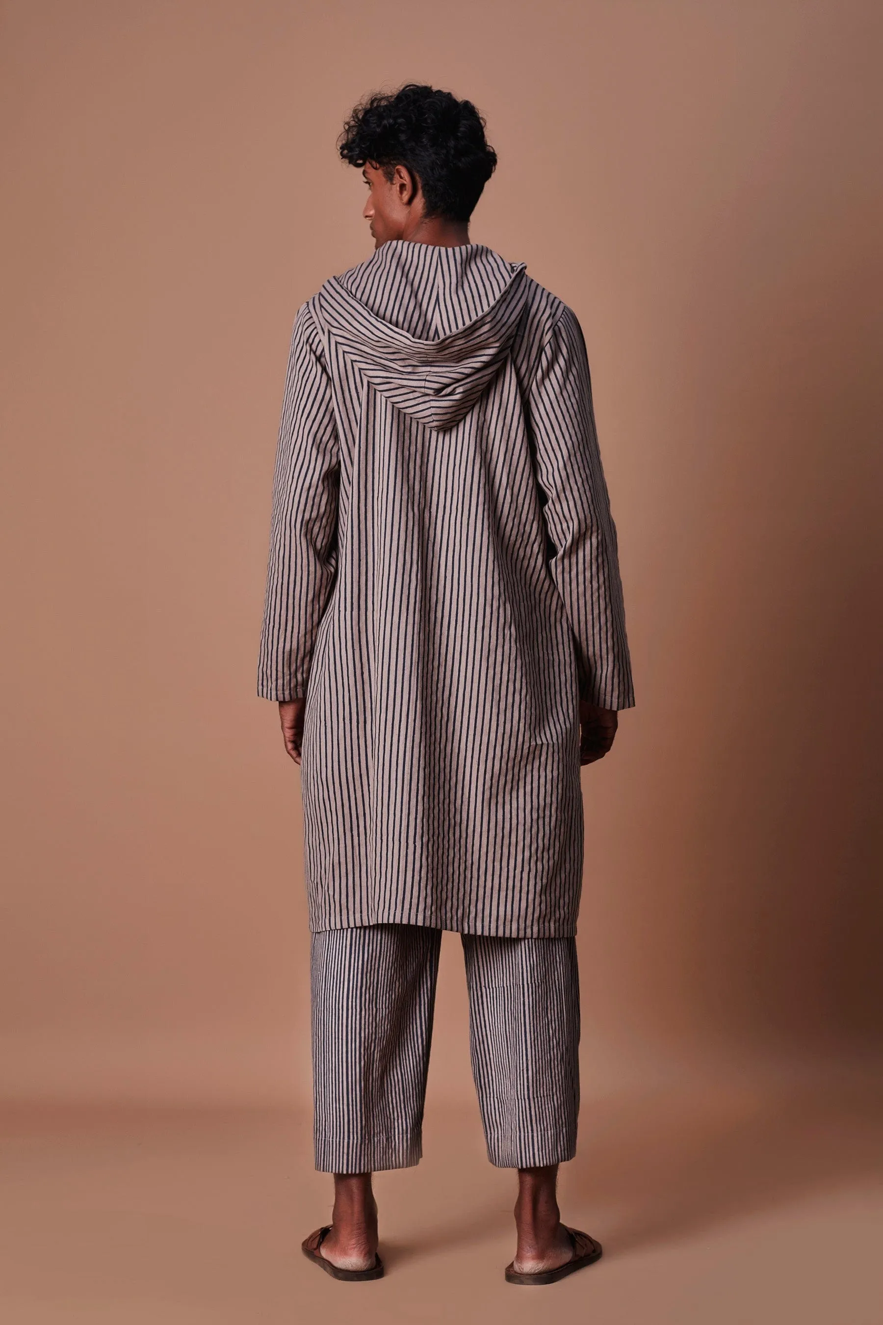 Mati Men's Grey Hooded Striped Kurta