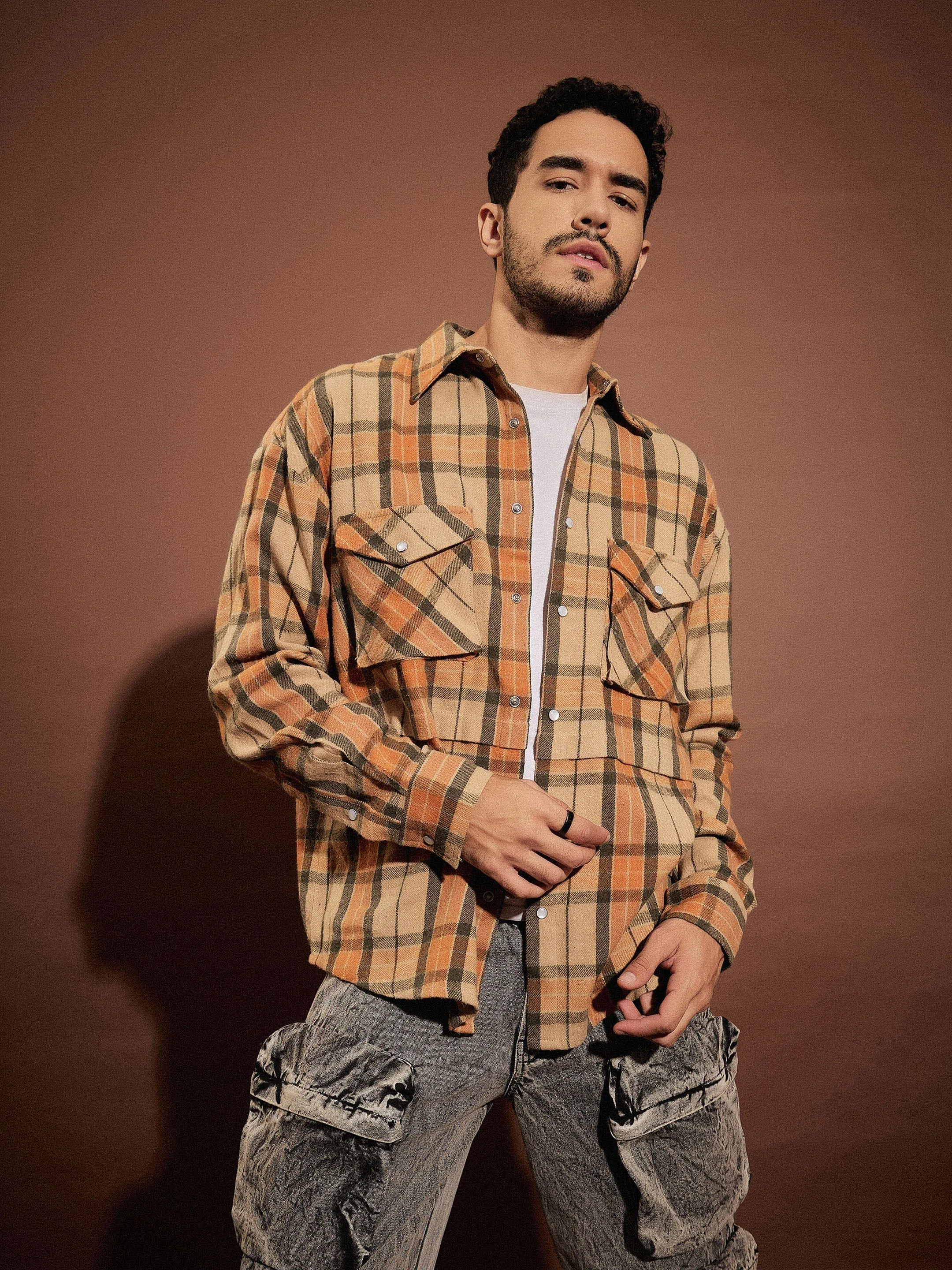 Men Beige & Orange Check Facing Detail Oversized Shirt