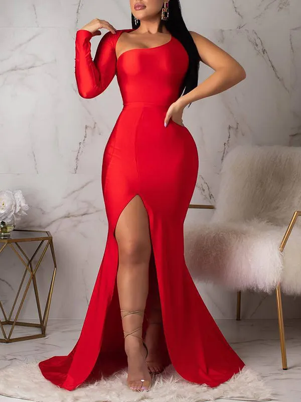 Momnfancy Solid One-shoulder Backless Side Slit Bodycon Long Sleeve Maternity Party Maxi Dress