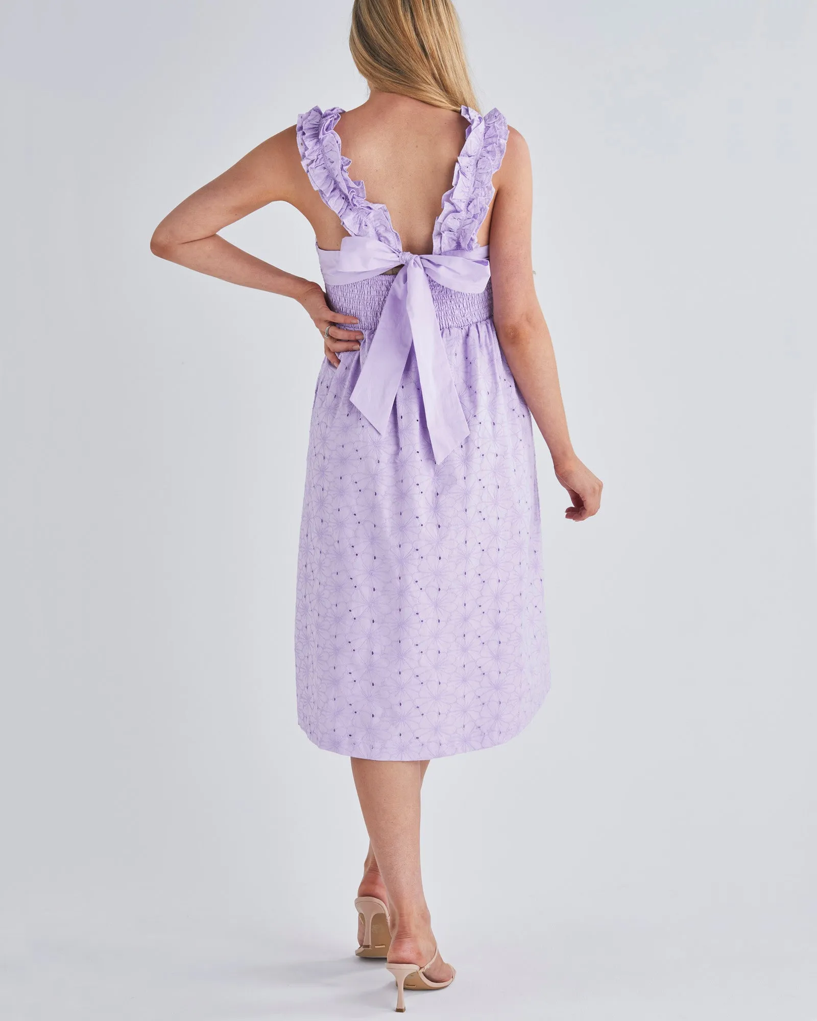 Natalie Maternity Ruffled Neckline Eyelet Dress in Lilac