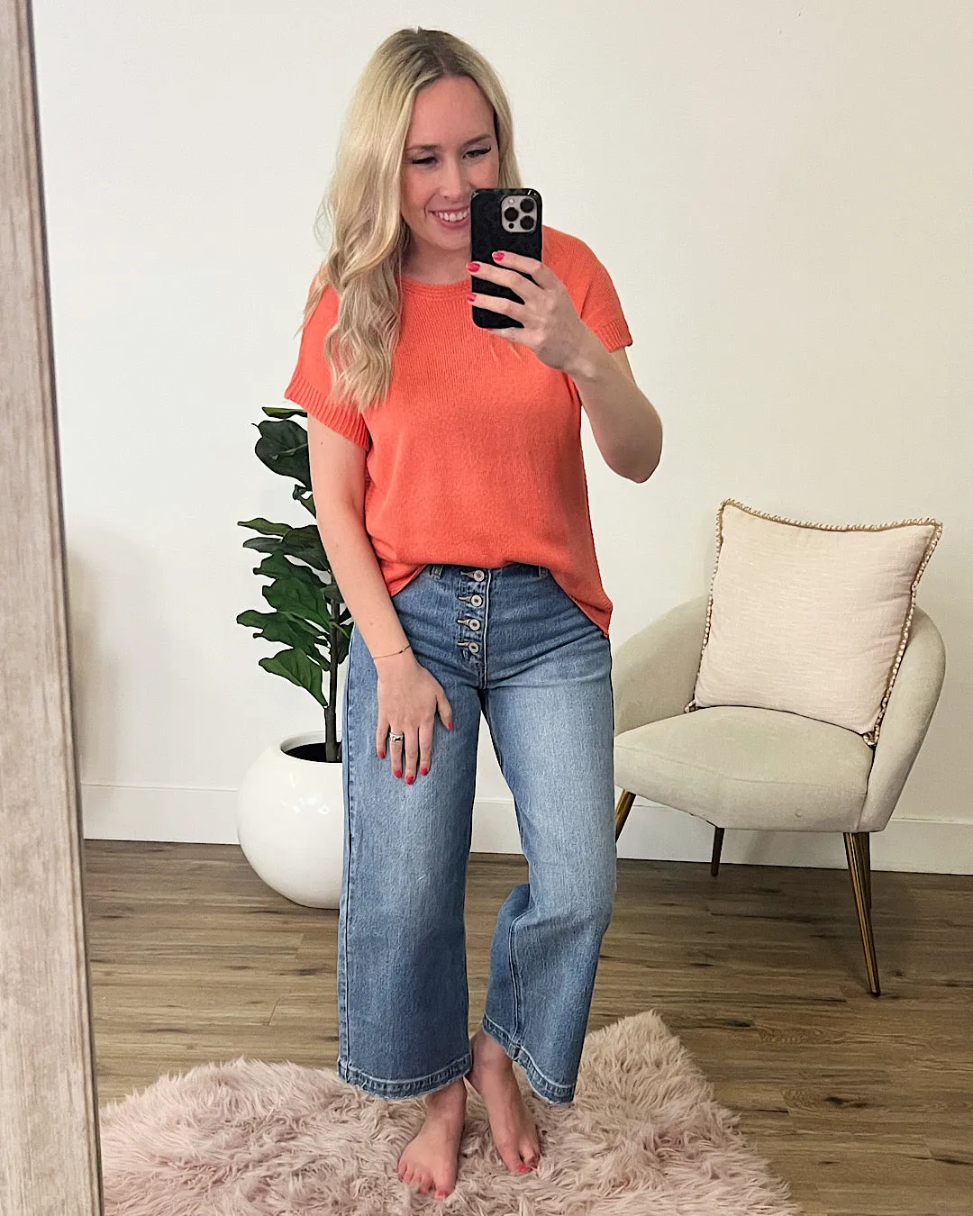 NEW! Olivia Fine Knit Short Sleeve Sweater - Coral