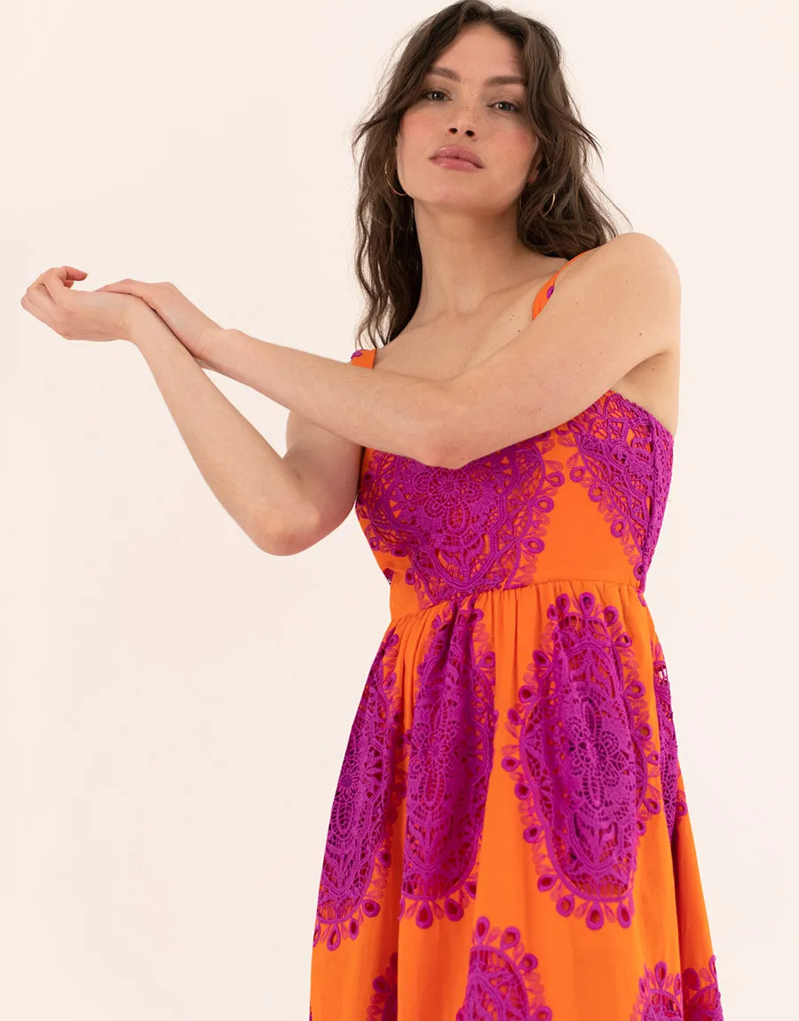 Ninet Lace Midi Dress - Orange/Fuchsia