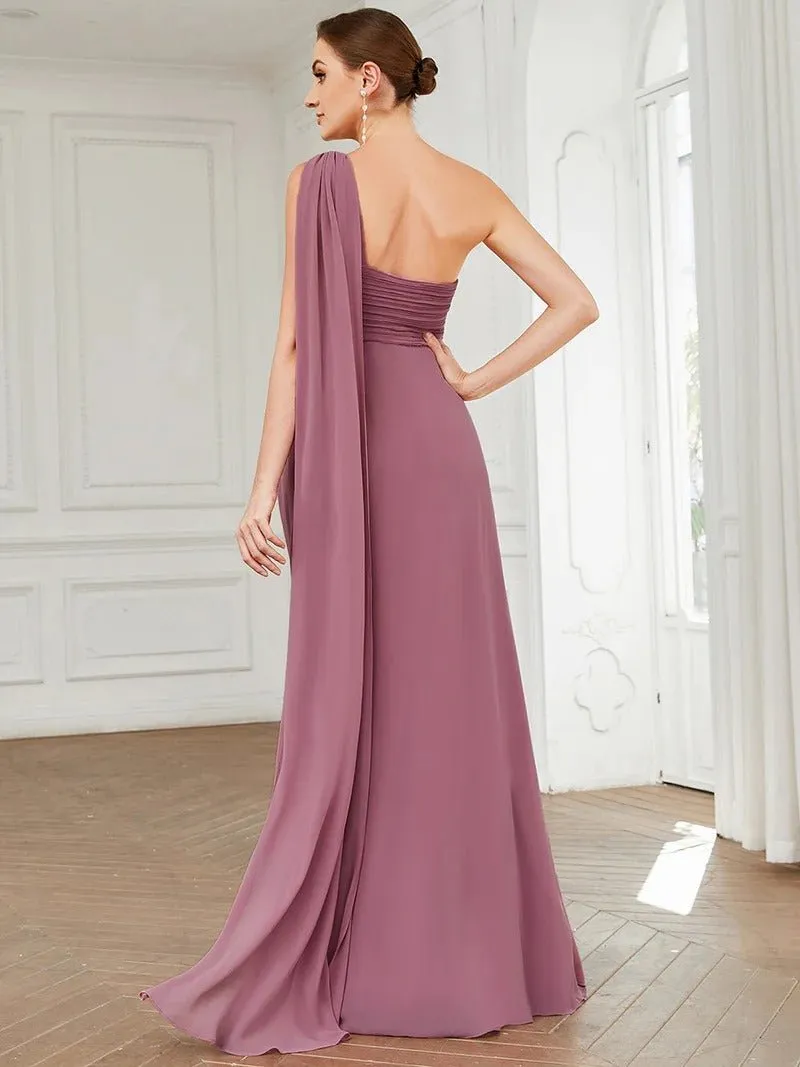 One Shoulder Chiffon Ruffles Long Evening Dresses for