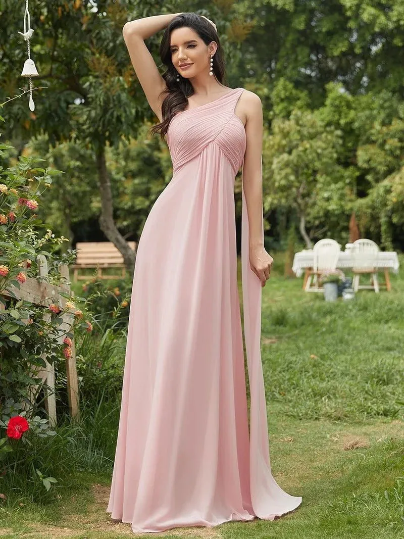 One Shoulder Chiffon Ruffles Long Evening Dresses for