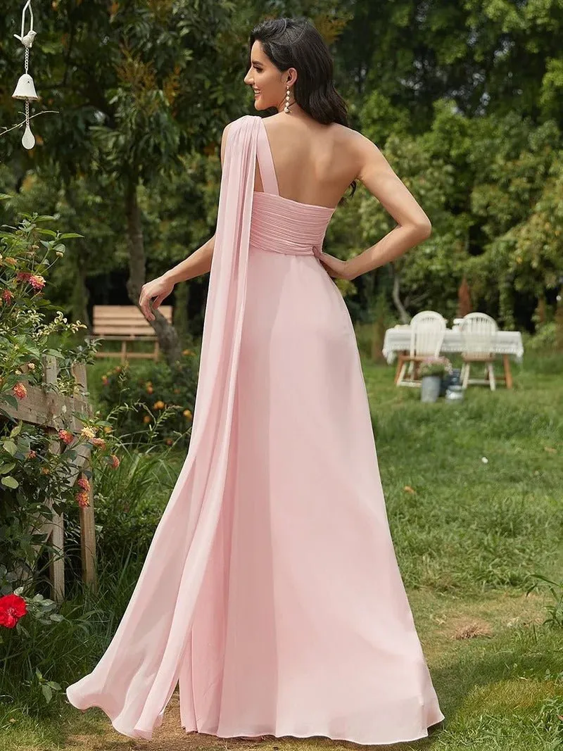 One Shoulder Chiffon Ruffles Long Evening Dresses for