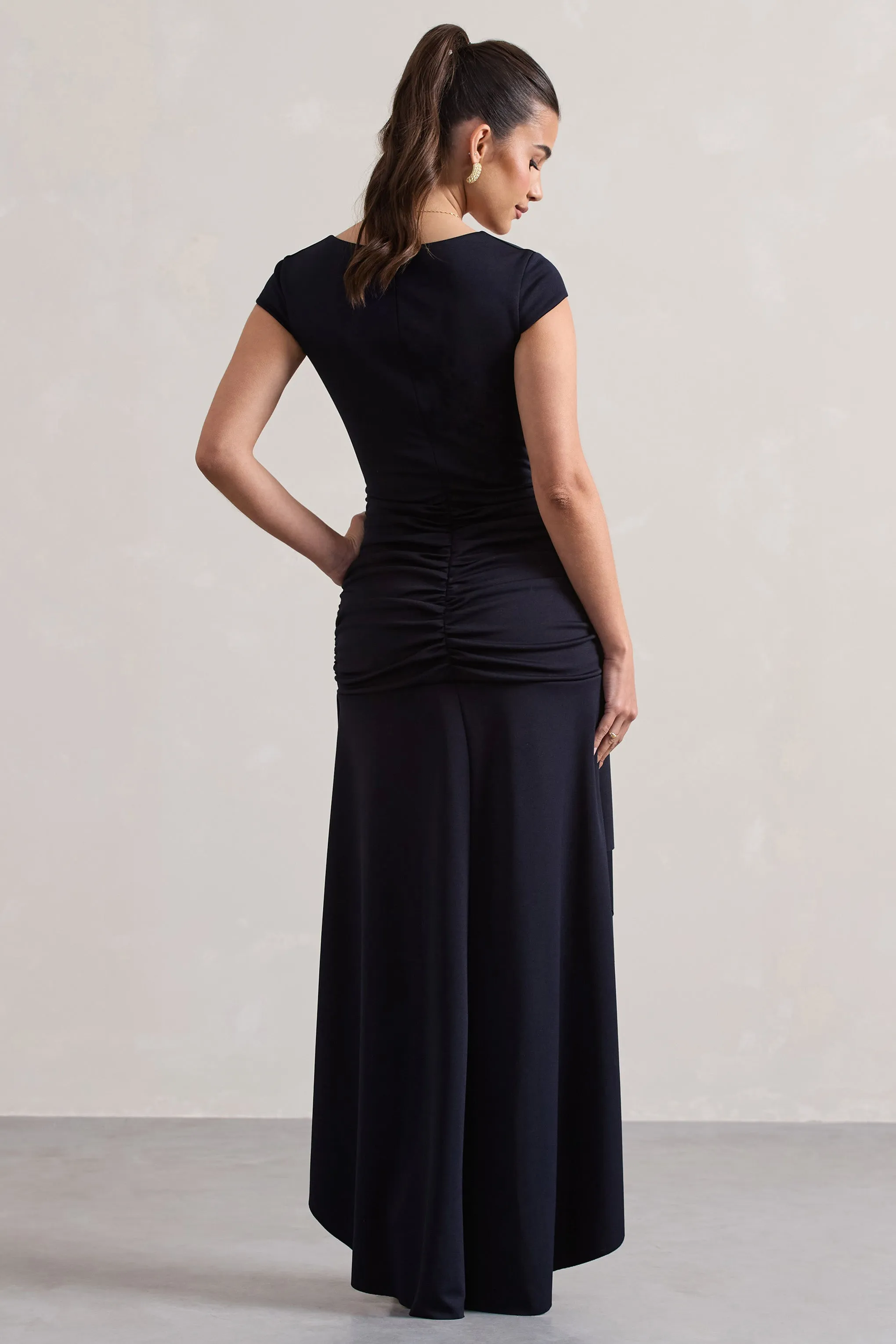 Parisa | Navy Ruched Short-Sleeve High-Low Maxi Dress