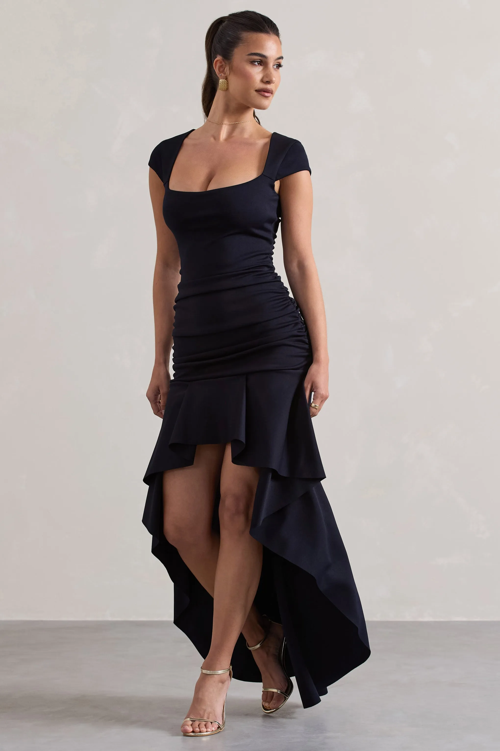 Parisa | Navy Ruched Short-Sleeve High-Low Maxi Dress