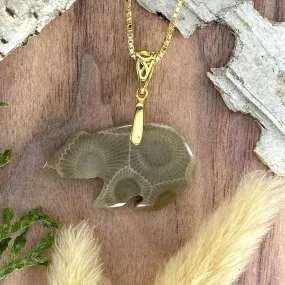 Petoskey Stone Bear Pendant Necklace