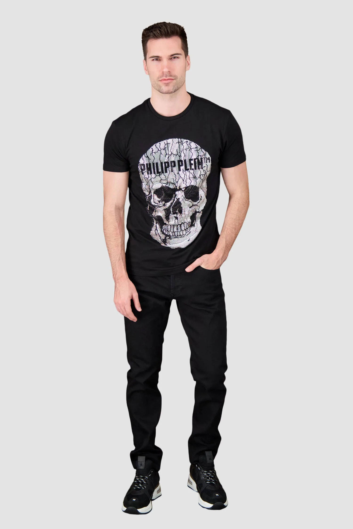 Philipp Plein Black Round Neck SS Skull Rhinestone T-Shirt