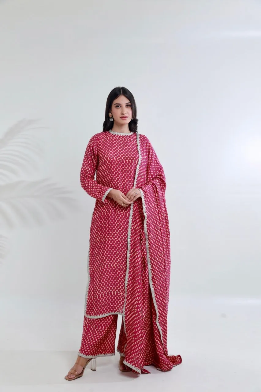 Pink bandhej handblock straight muslin set