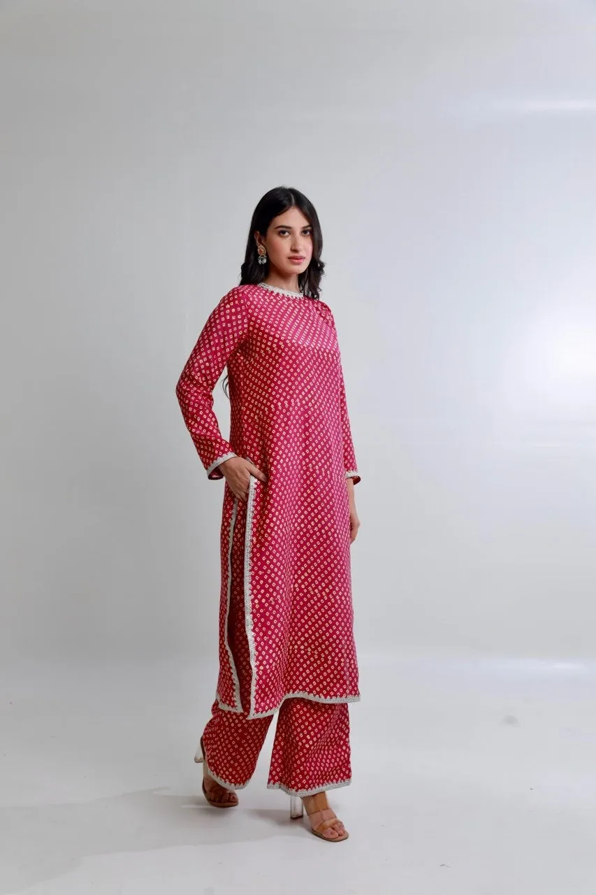 Pink bandhej handblock straight muslin set