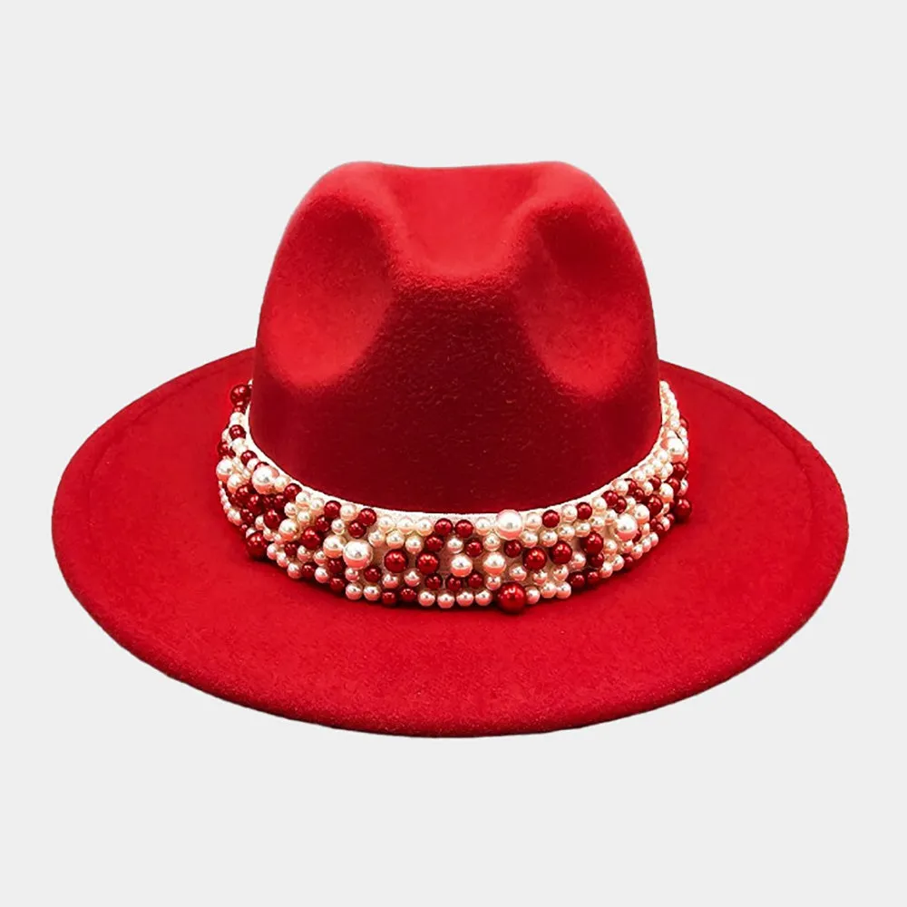 Red Pearl Embellished Band Pointed Fedora Hat