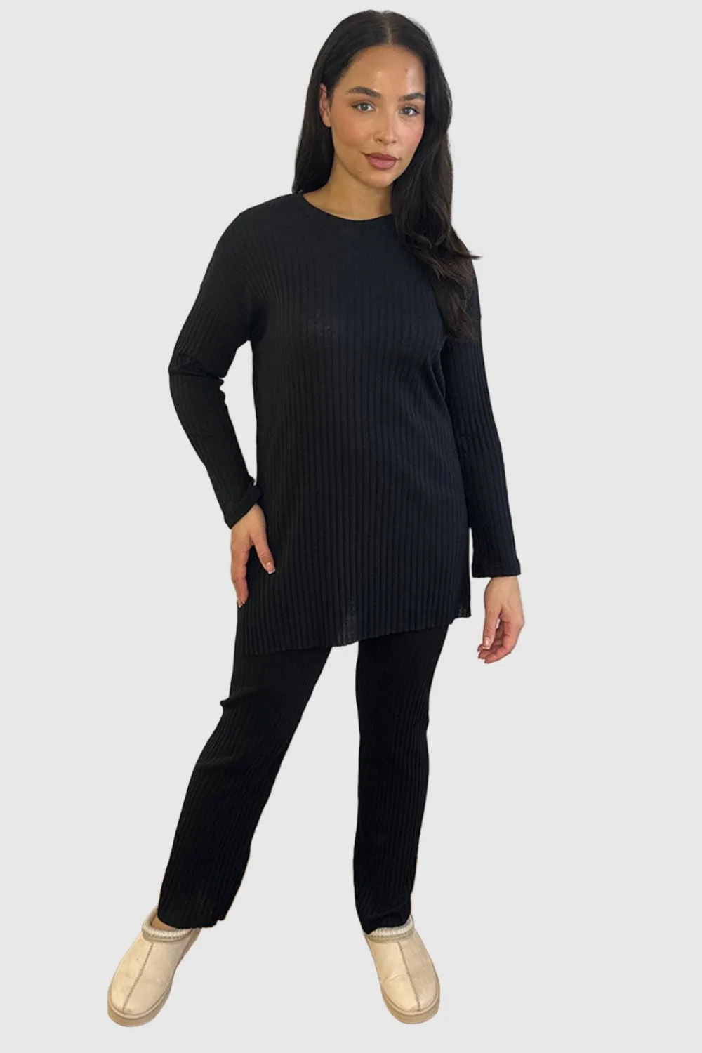 Ribbed Jersey High Neck Tunic And Trousers Set