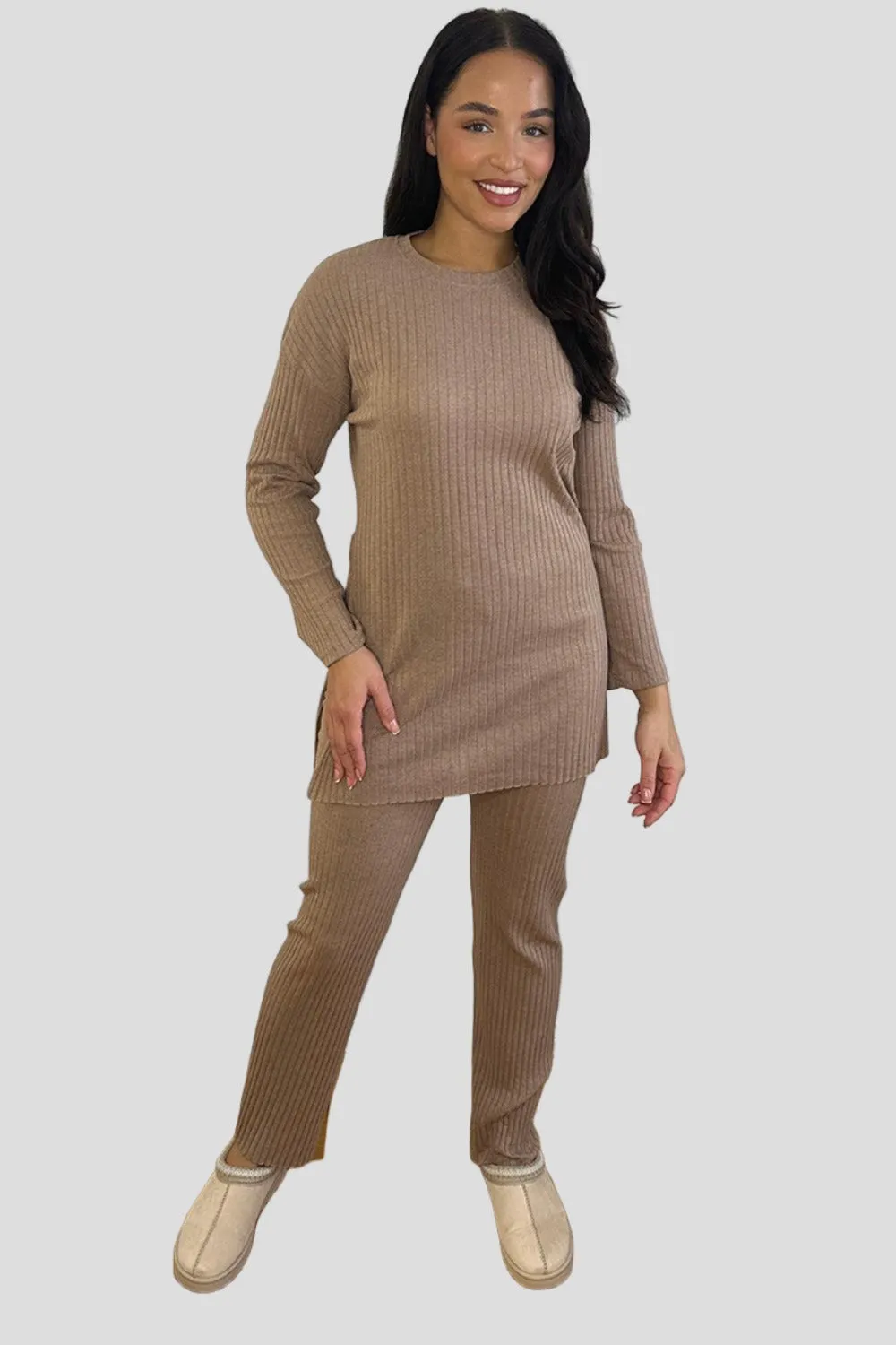 Ribbed Jersey High Neck Tunic And Trousers Set