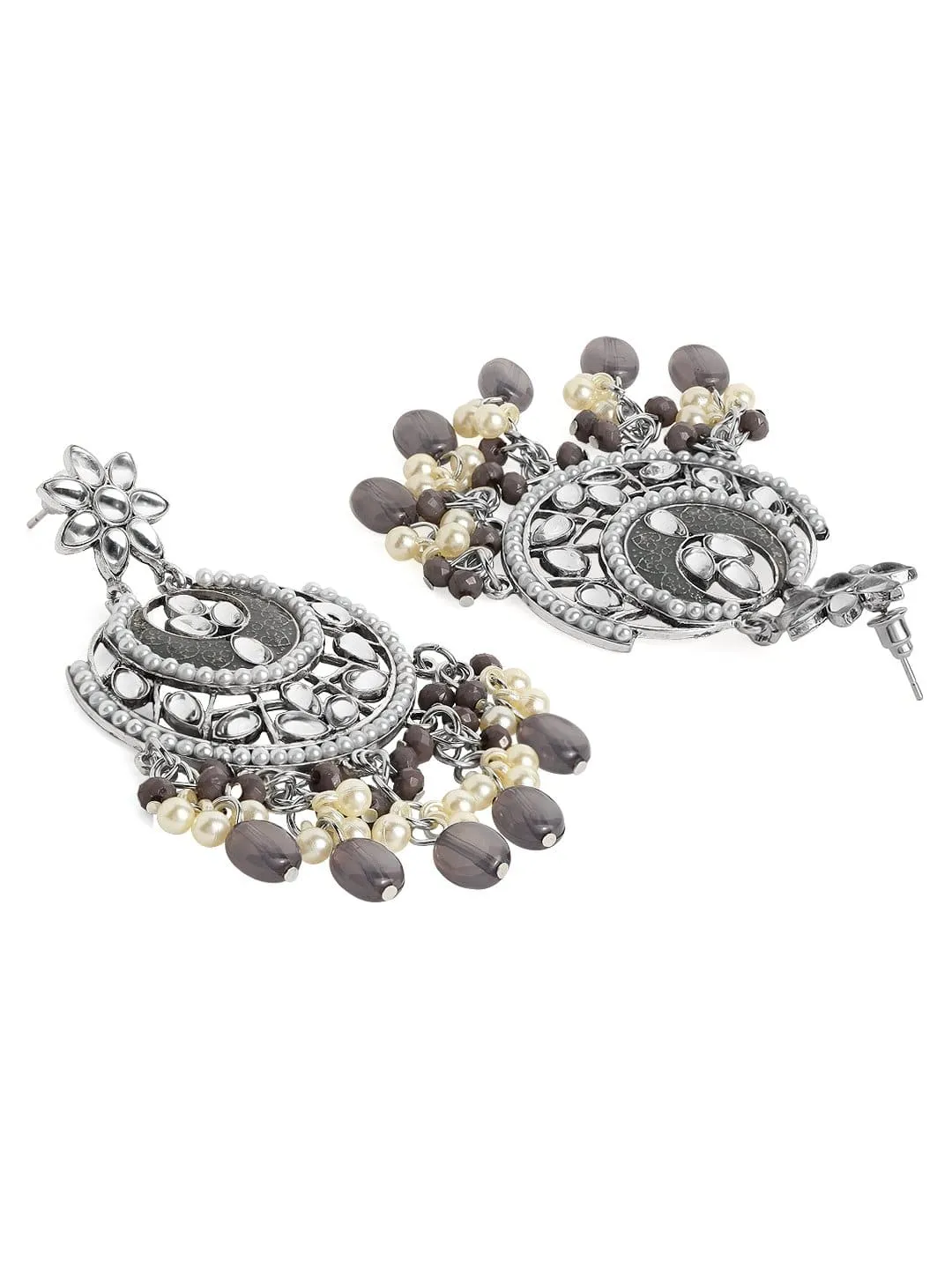 Rubans Kundan with Grey Beads Silver Plated Hancrafted Chandbali Earrings