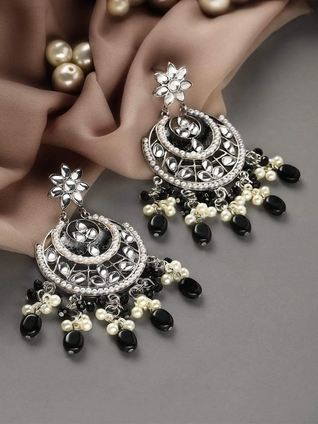 Rubans Kundan with Grey Beads Silver Plated Hancrafted Chandbali Earrings