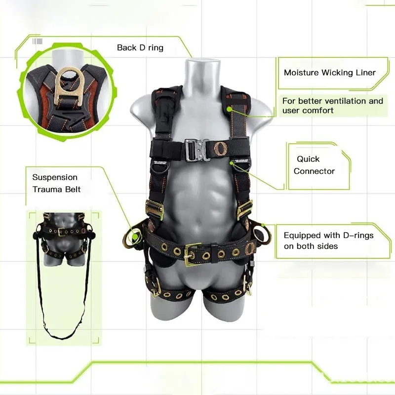 Safety Hammerhead 5pt Safety Harness Back Padded, QCB Chest, Tongue Buckle Legs Straps, Back & Side D-Rings