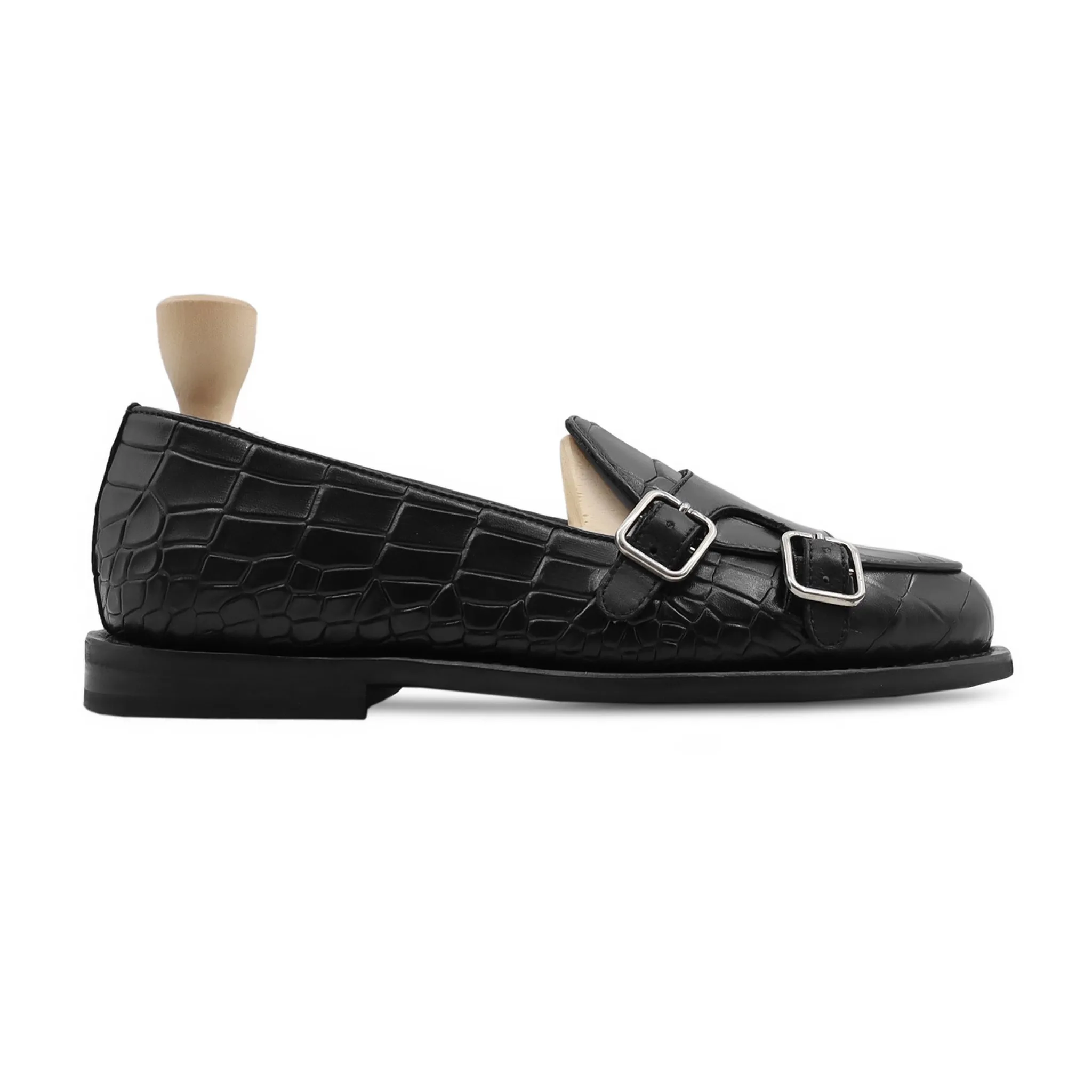 Sebastian Gy - Men's Black Calf And Printed Crocodile Double Monkstrap