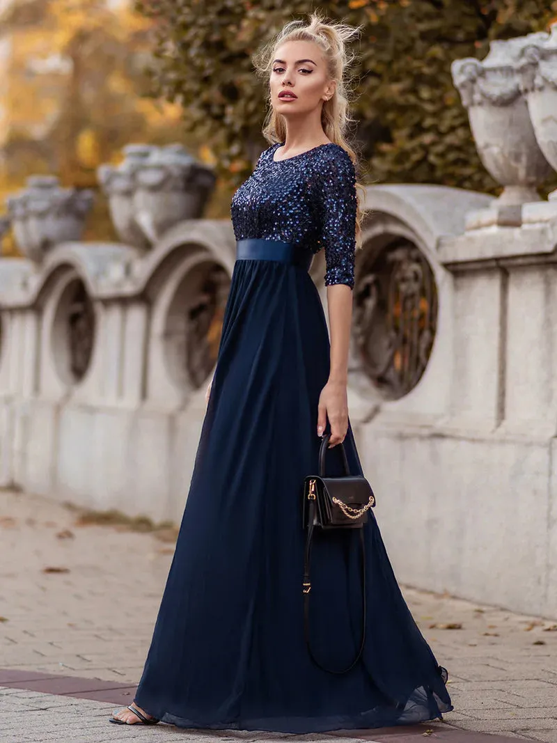 Sequin Top Three Quarter Sleeve Evening Dress