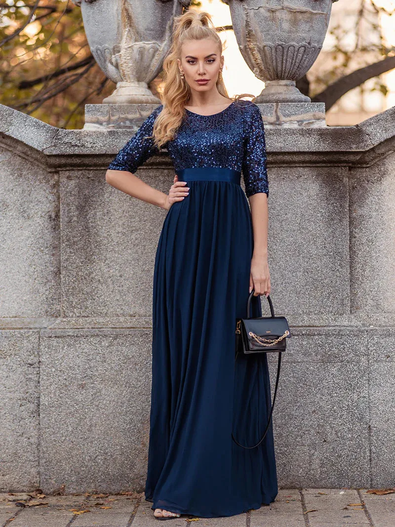 Sequin Top Three Quarter Sleeve Evening Dress