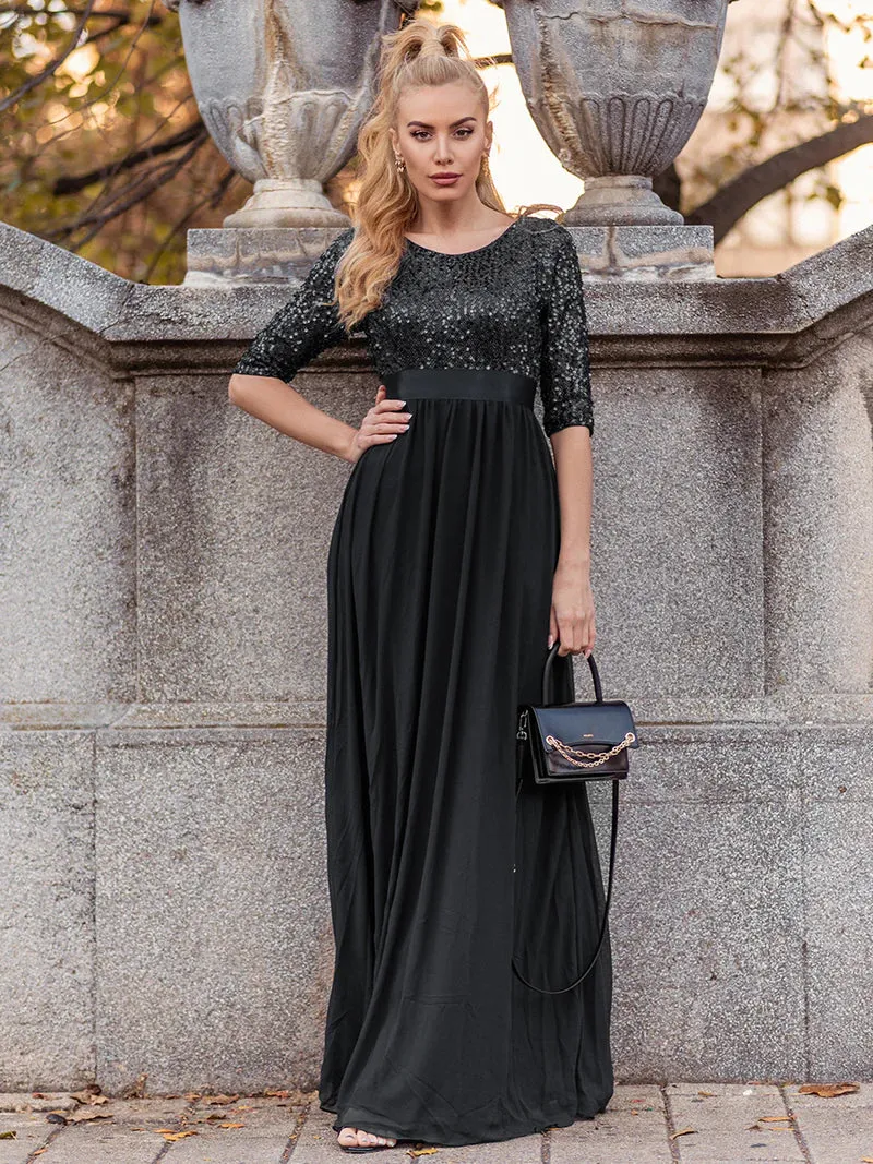 Sequin Top Three Quarter Sleeve Evening Dress