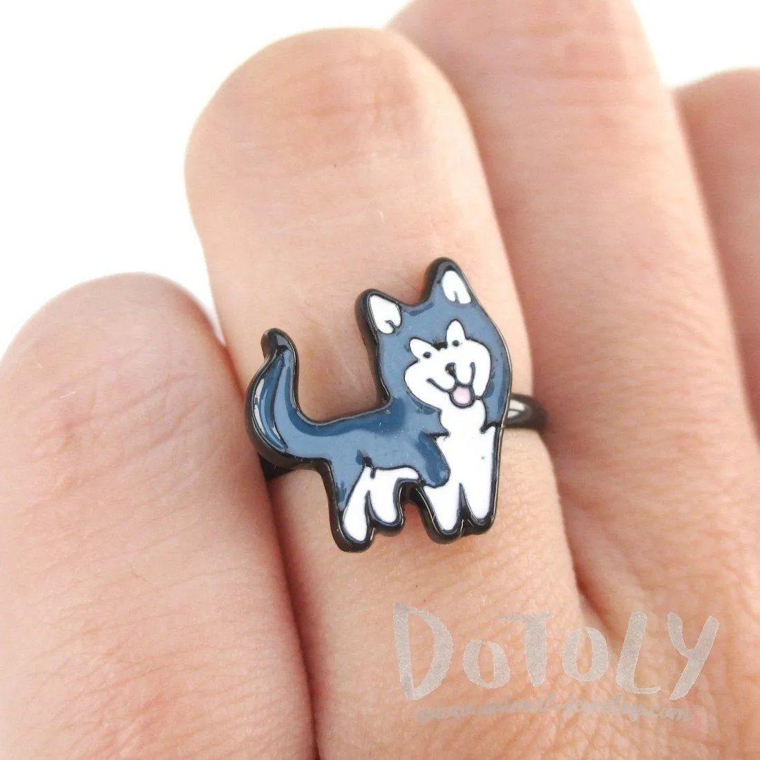 Siberian Husky Shaped Enamel Adjustable Ring for Dog Lovers