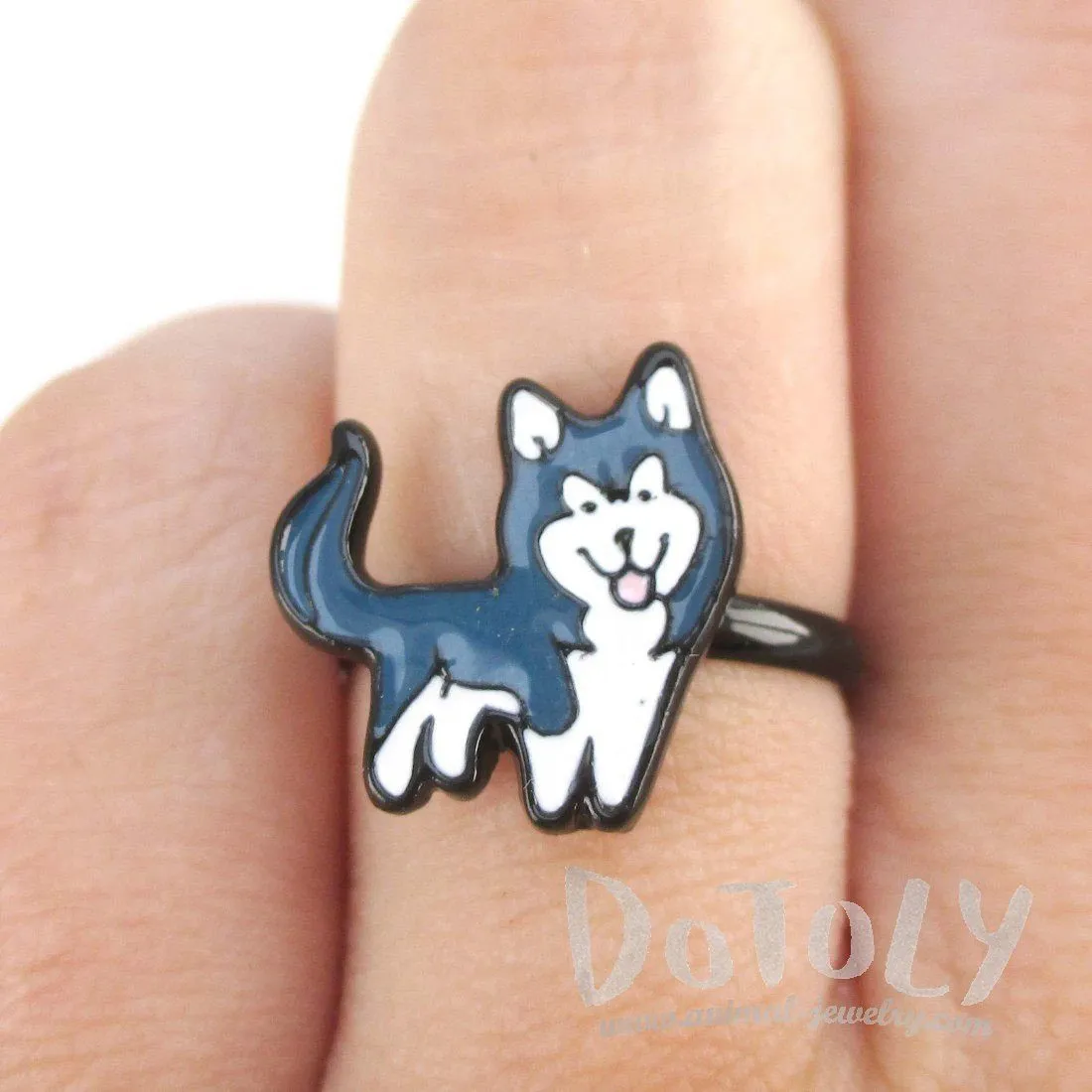 Siberian Husky Shaped Enamel Adjustable Ring for Dog Lovers