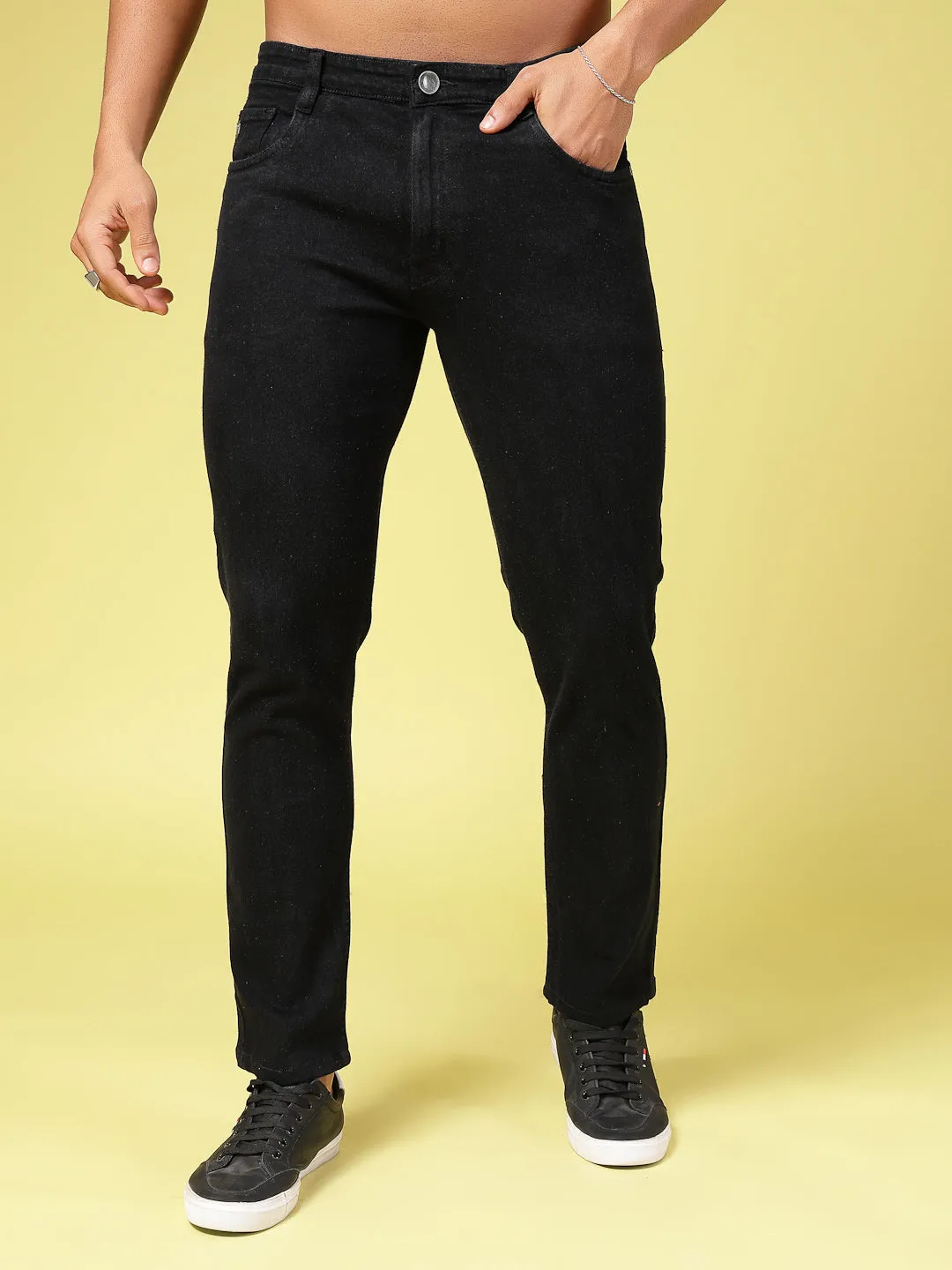 Solid Slim Fit Button Zipper Jeans